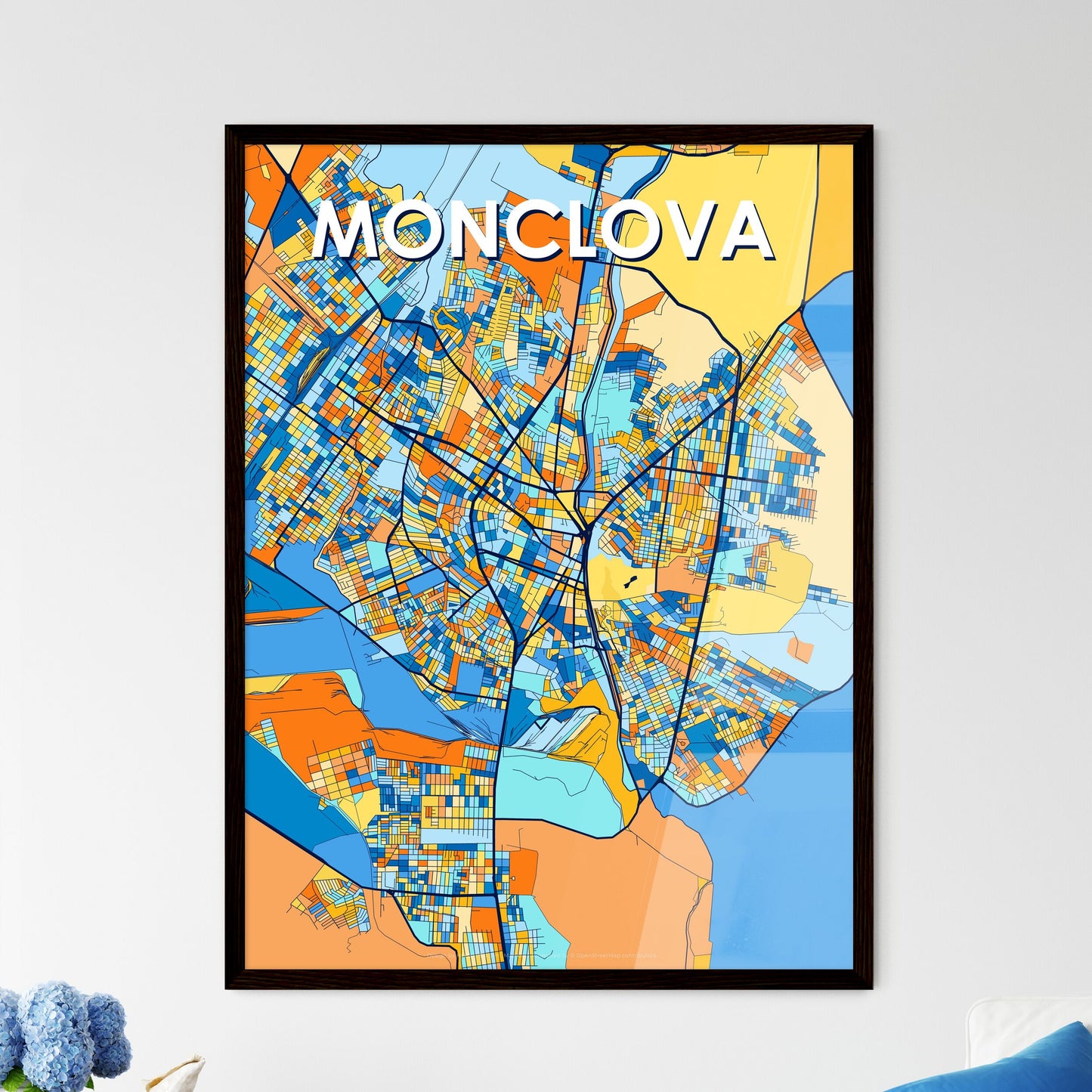 MONCLOVA MEXICO Vibrant Colorful Art Map Poster Blue Orange