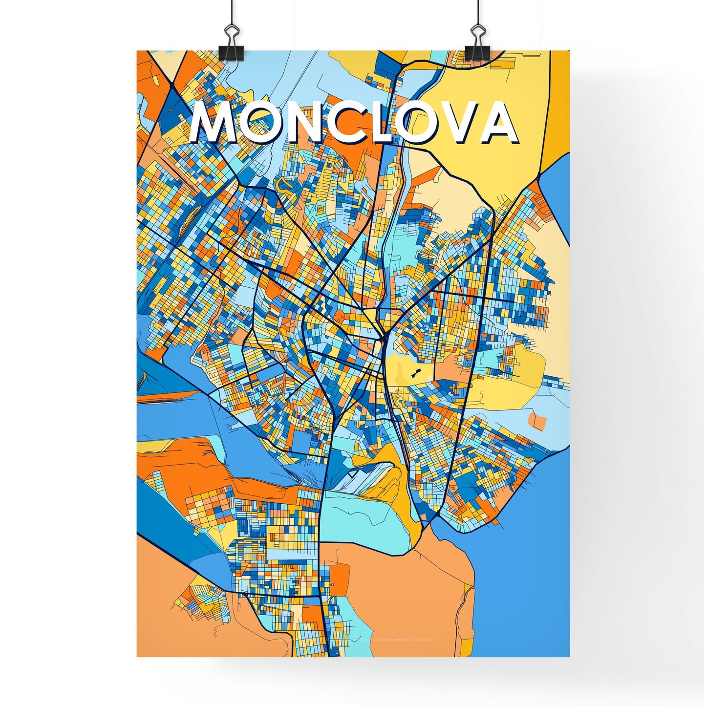 MONCLOVA MEXICO Vibrant Colorful Art Map Poster Blue Orange