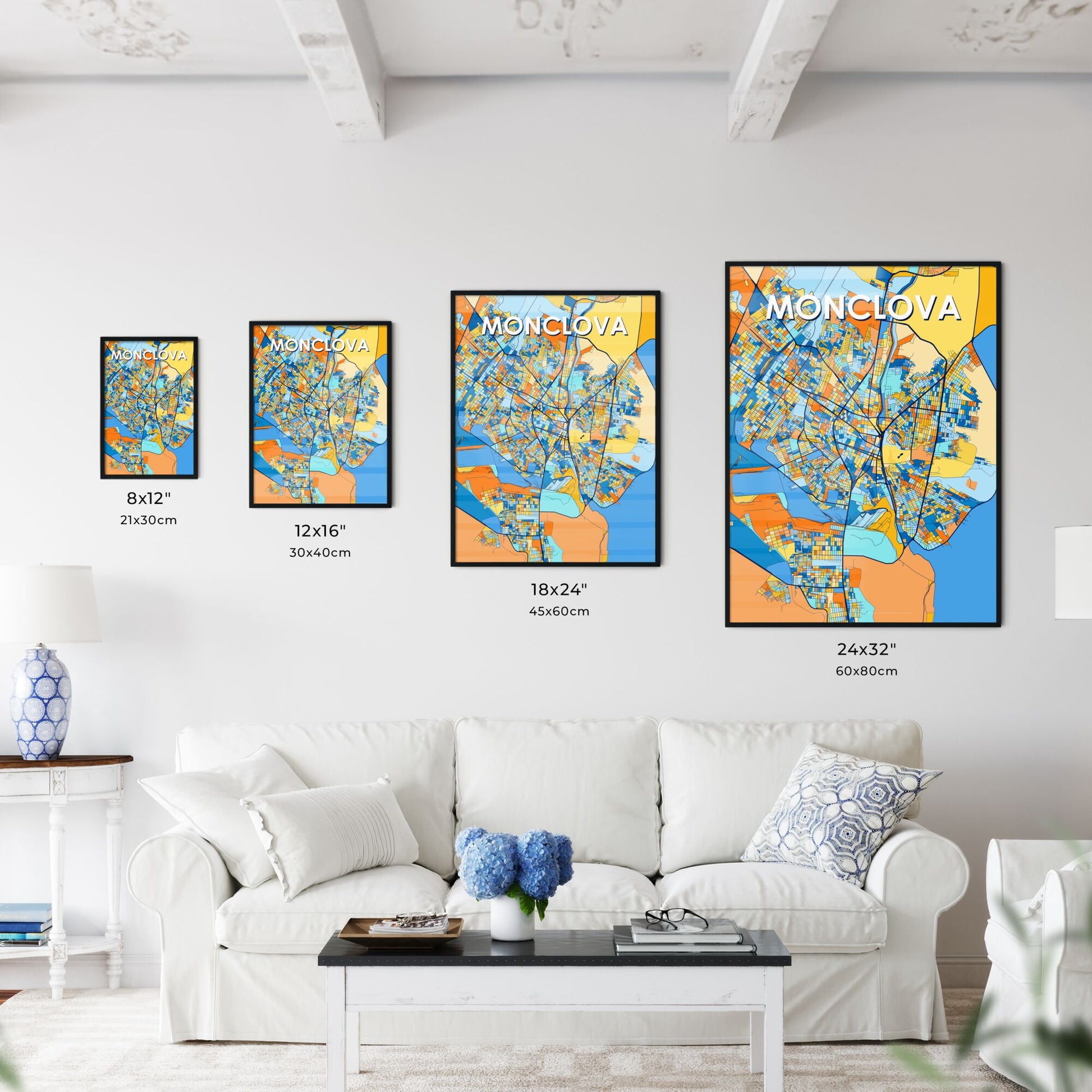 MONCLOVA MEXICO Vibrant Colorful Art Map Poster Blue Orange