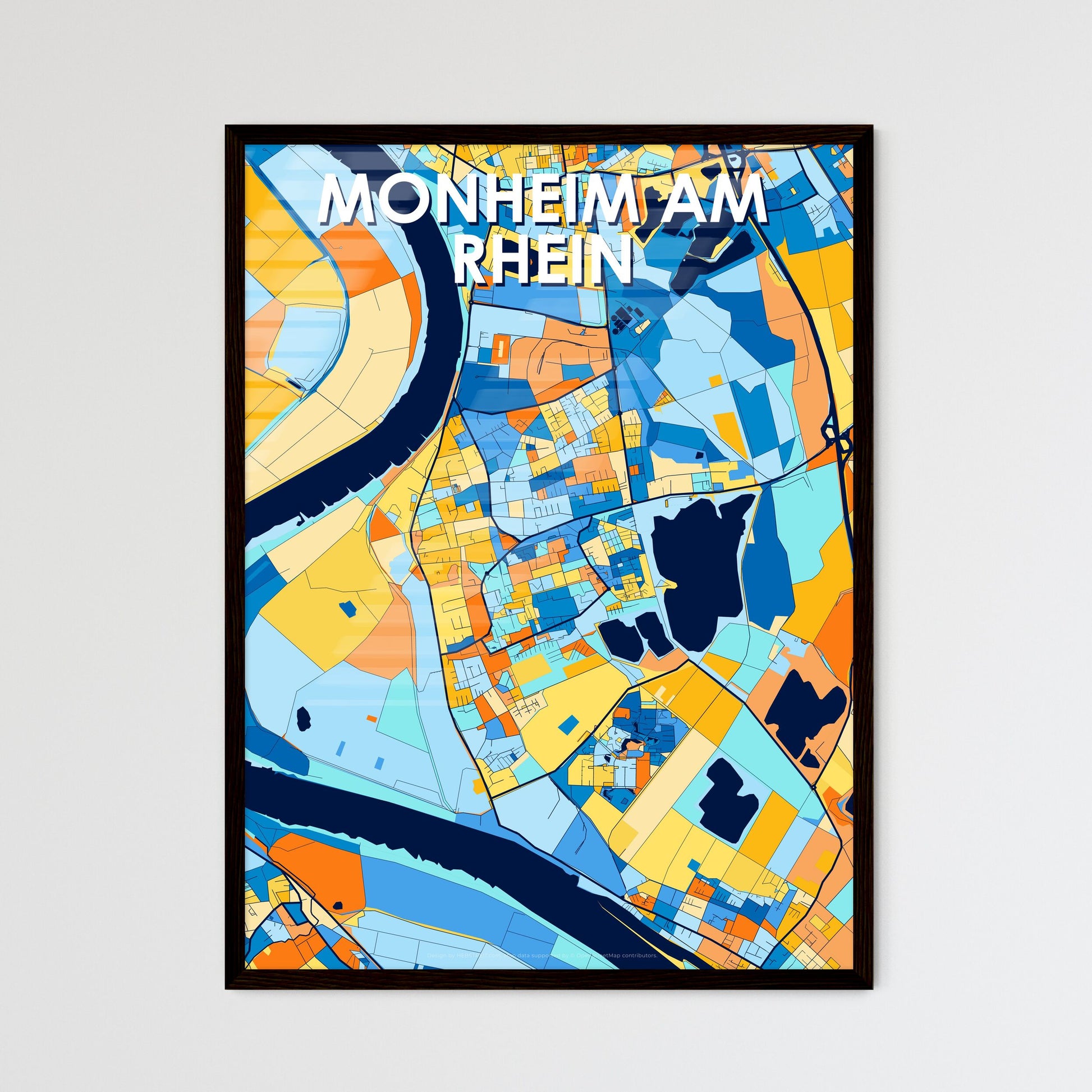 MONHEIM AM RHEIN GERMANY Vibrant Colorful Art Map Poster Blue Orange