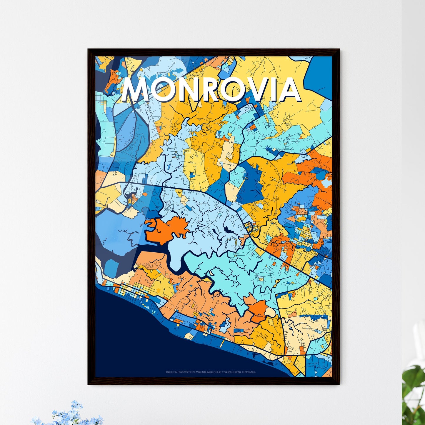 MONROVIA LIBERIA Vibrant Colorful Art Map Poster Blue Orange