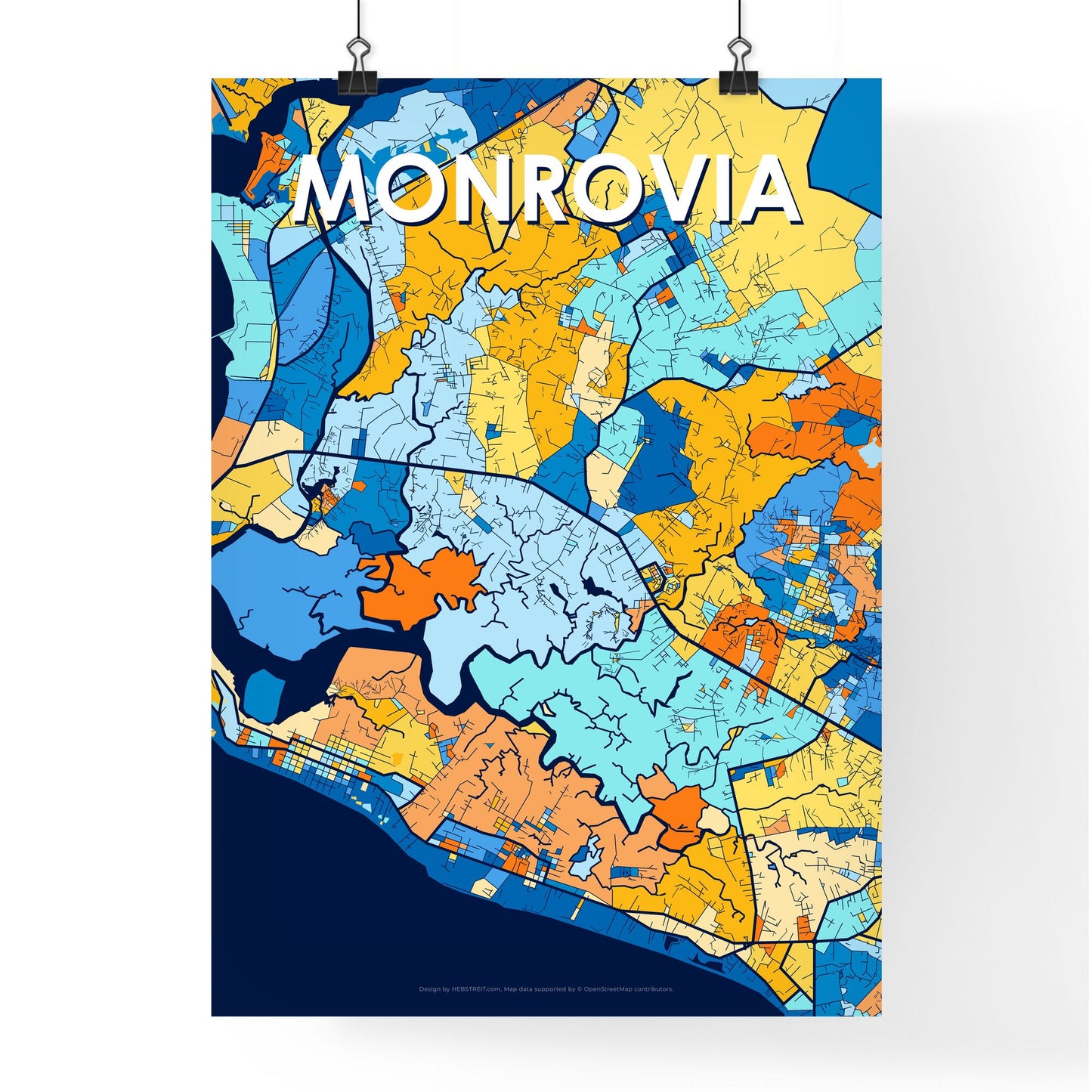 MONROVIA LIBERIA Vibrant Colorful Art Map Poster Blue Orange