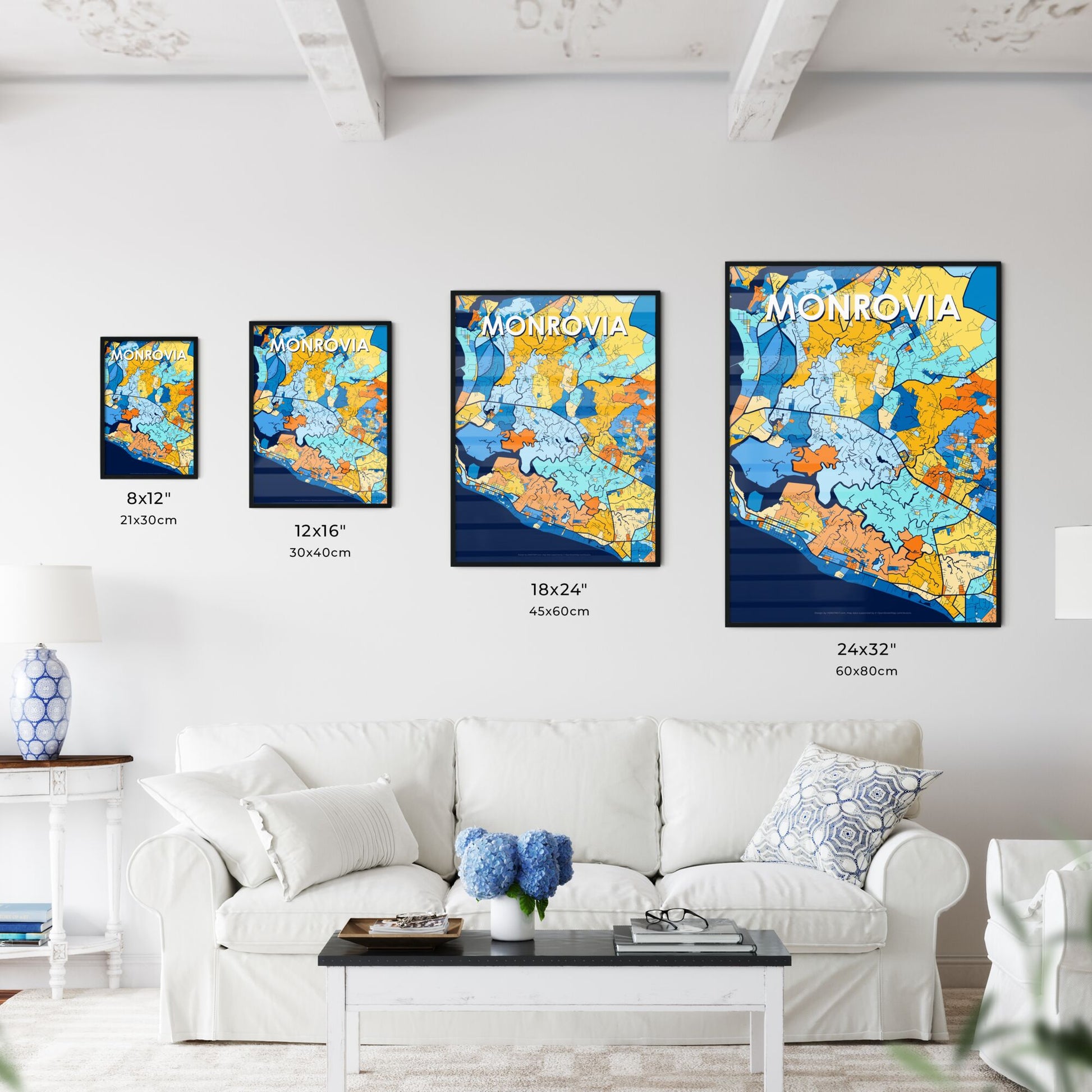 MONROVIA LIBERIA Vibrant Colorful Art Map Poster Blue Orange