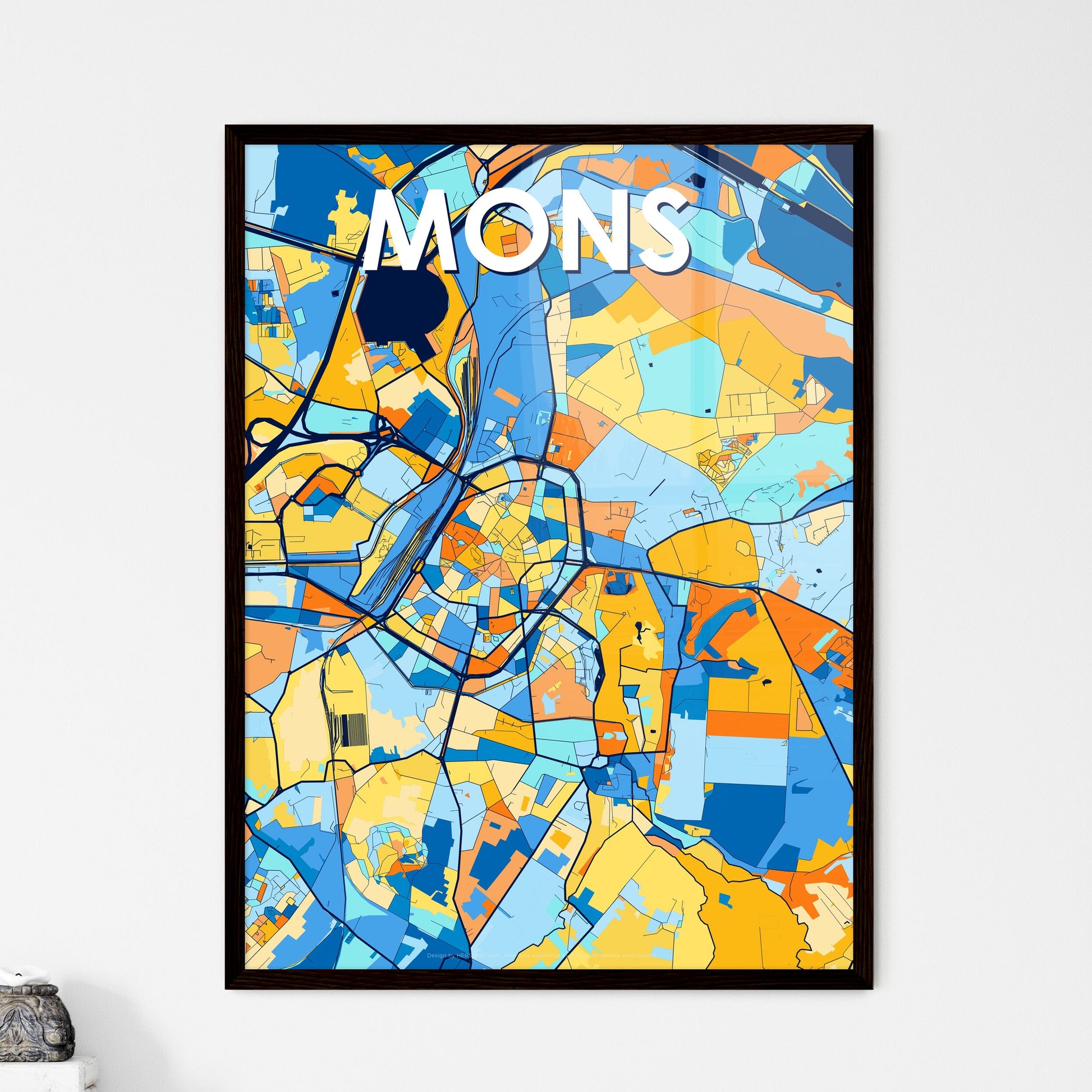 MONS BELGIUM Vibrant Colorful Art Map Poster Blue Orange