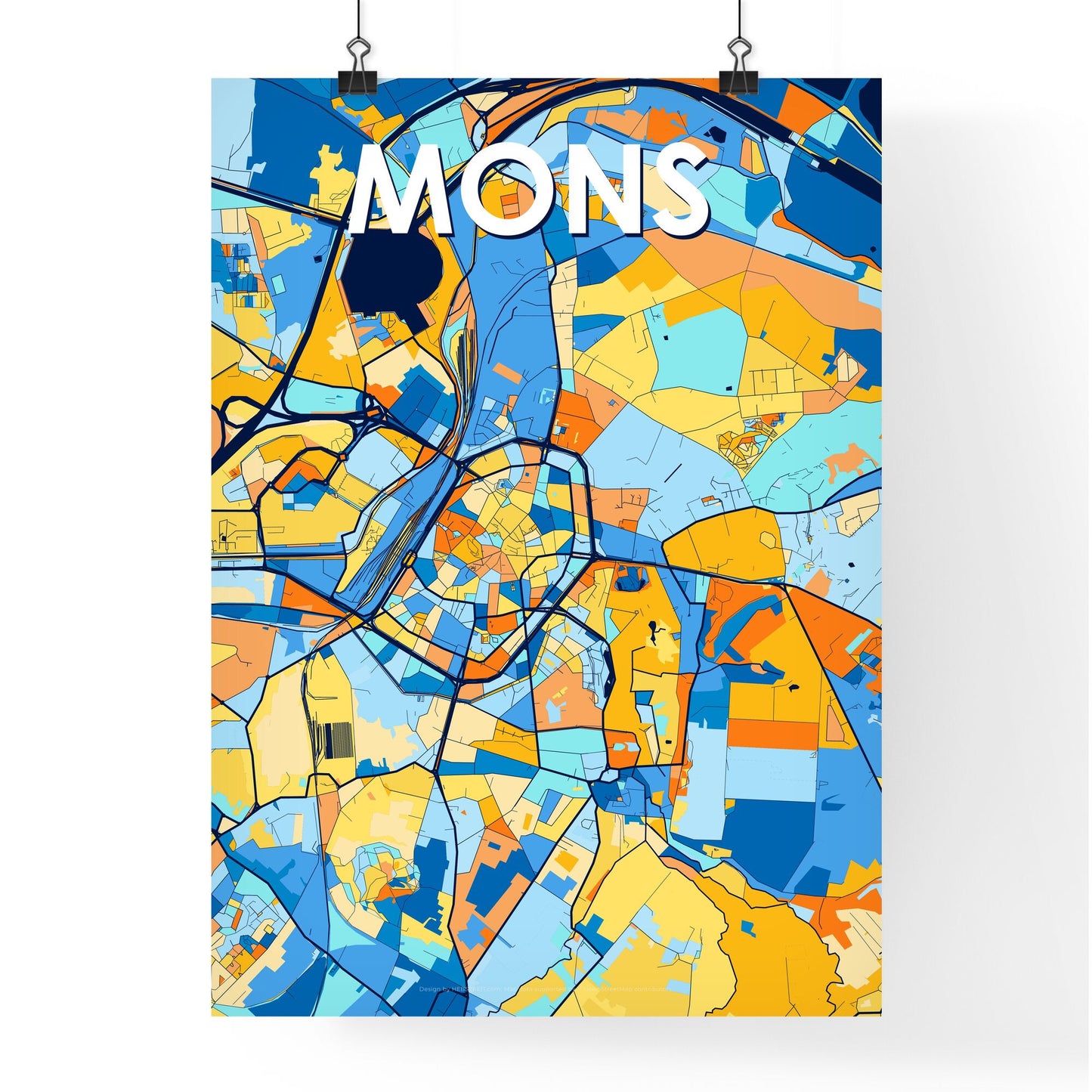 MONS BELGIUM Vibrant Colorful Art Map Poster Blue Orange