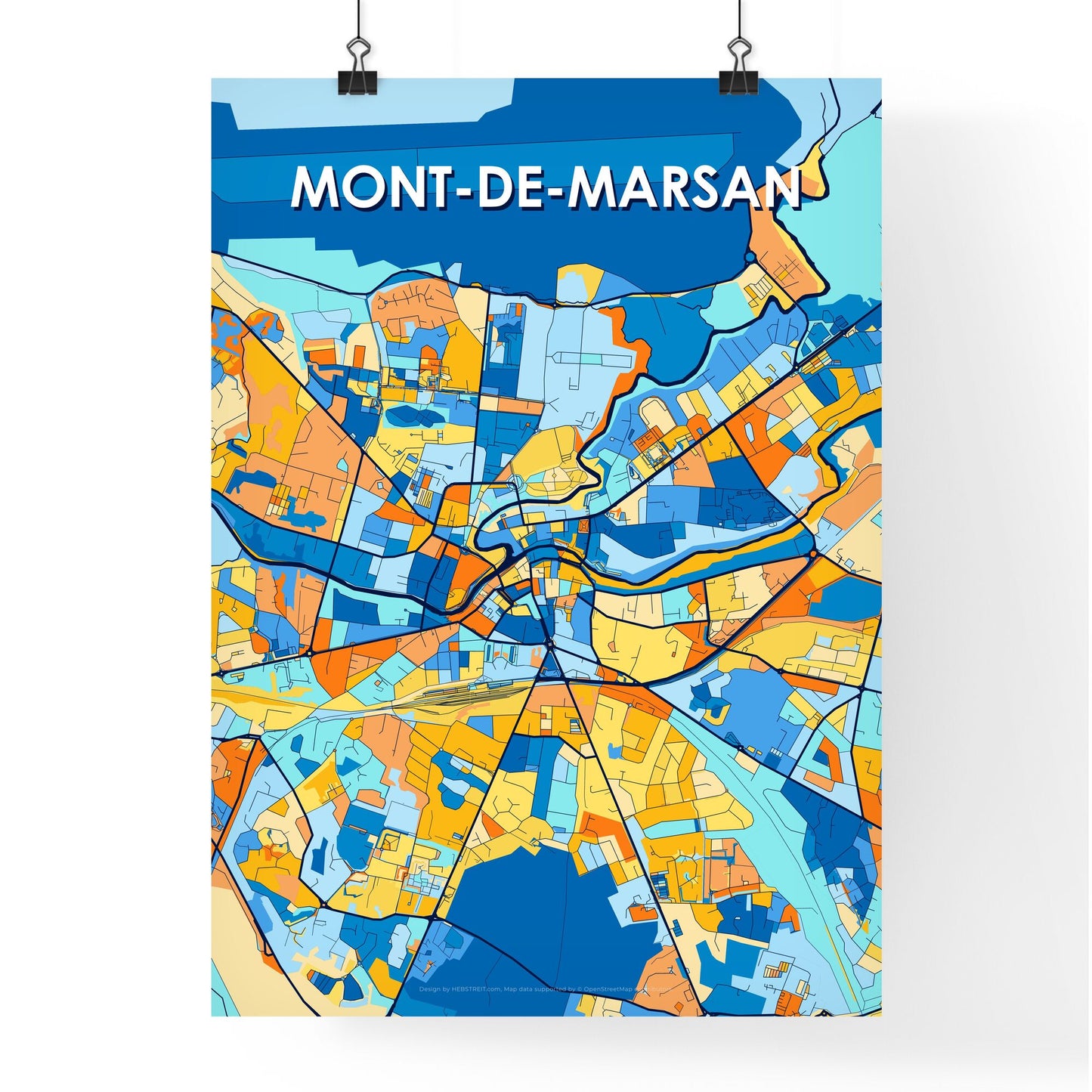 MONT-DE-MARSAN FRANCE Vibrant Colorful Art Map Poster Blue Orange