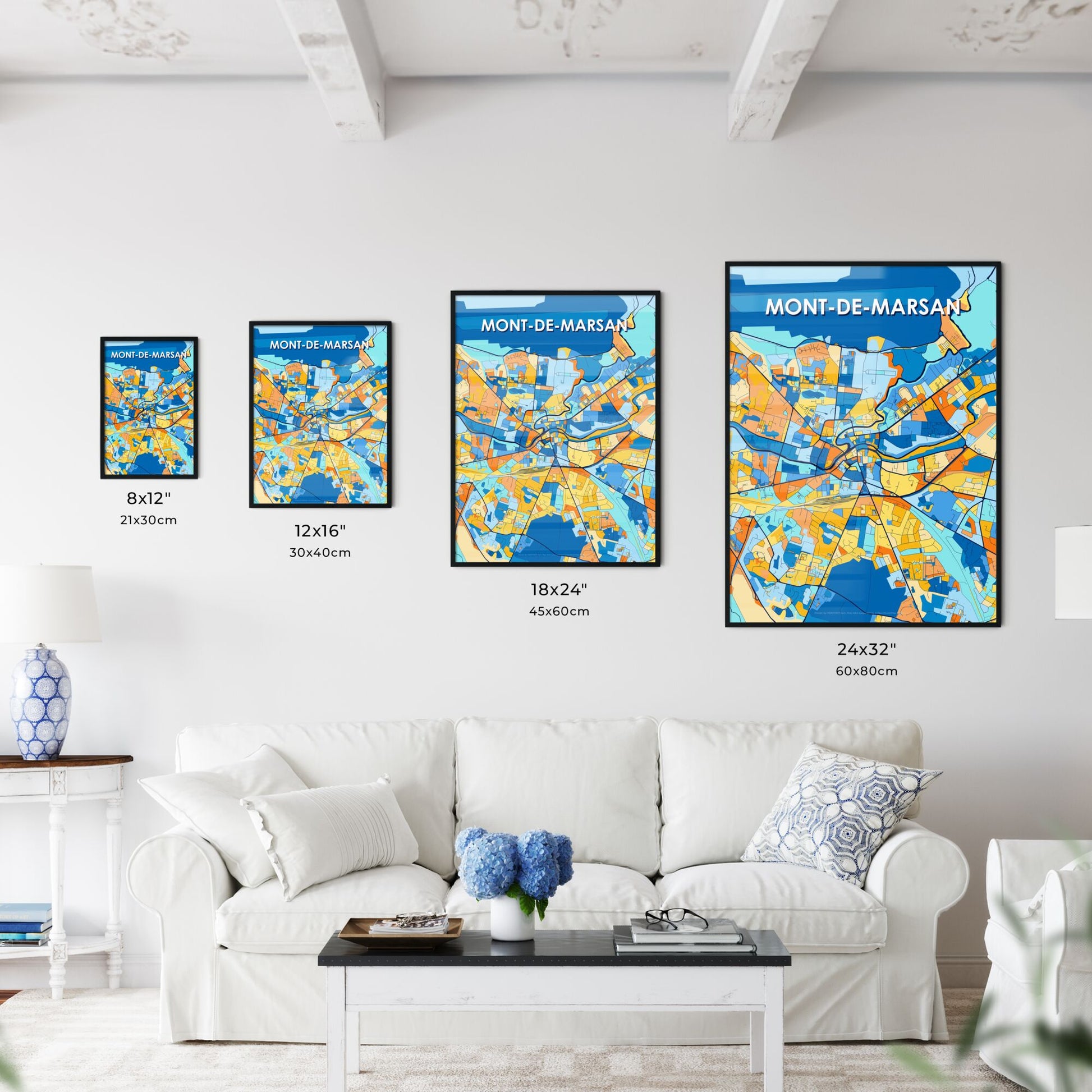 MONT-DE-MARSAN FRANCE Vibrant Colorful Art Map Poster Blue Orange