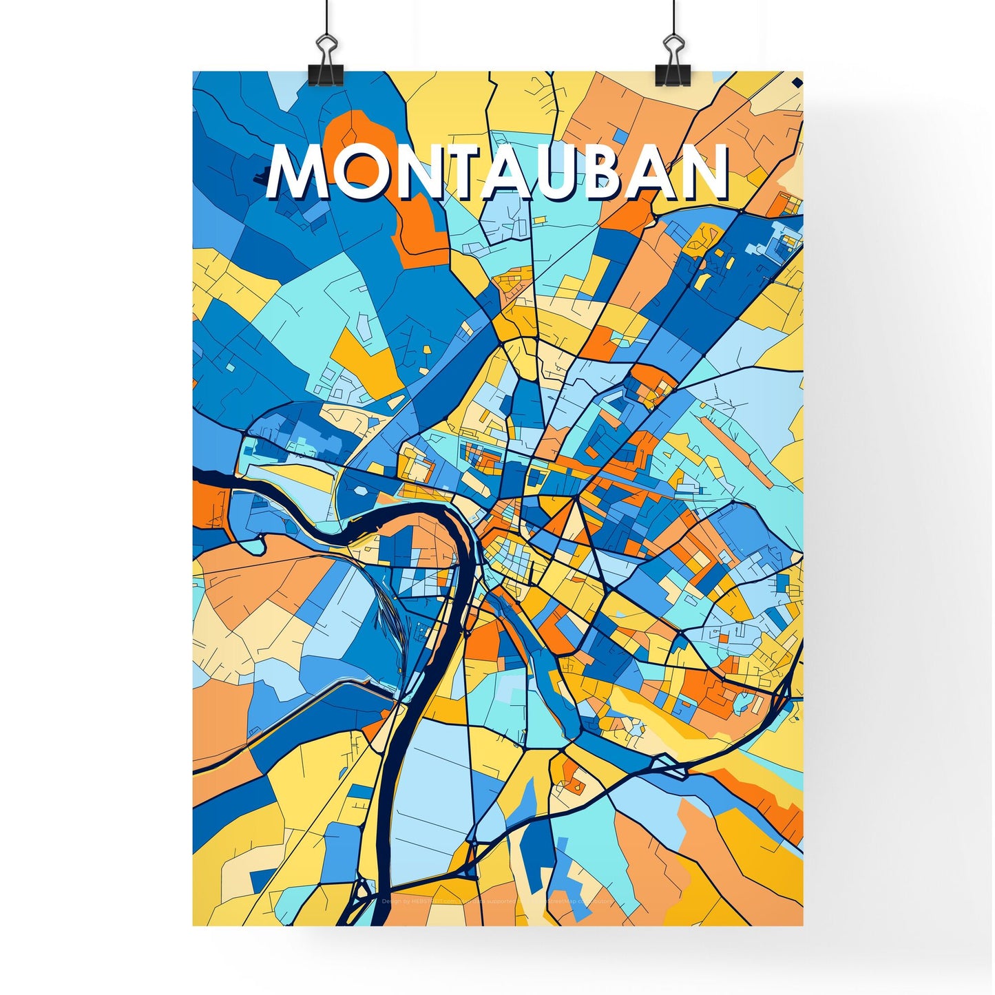 MONTAUBAN FRANCE Vibrant Colorful Art Map Poster Blue Orange