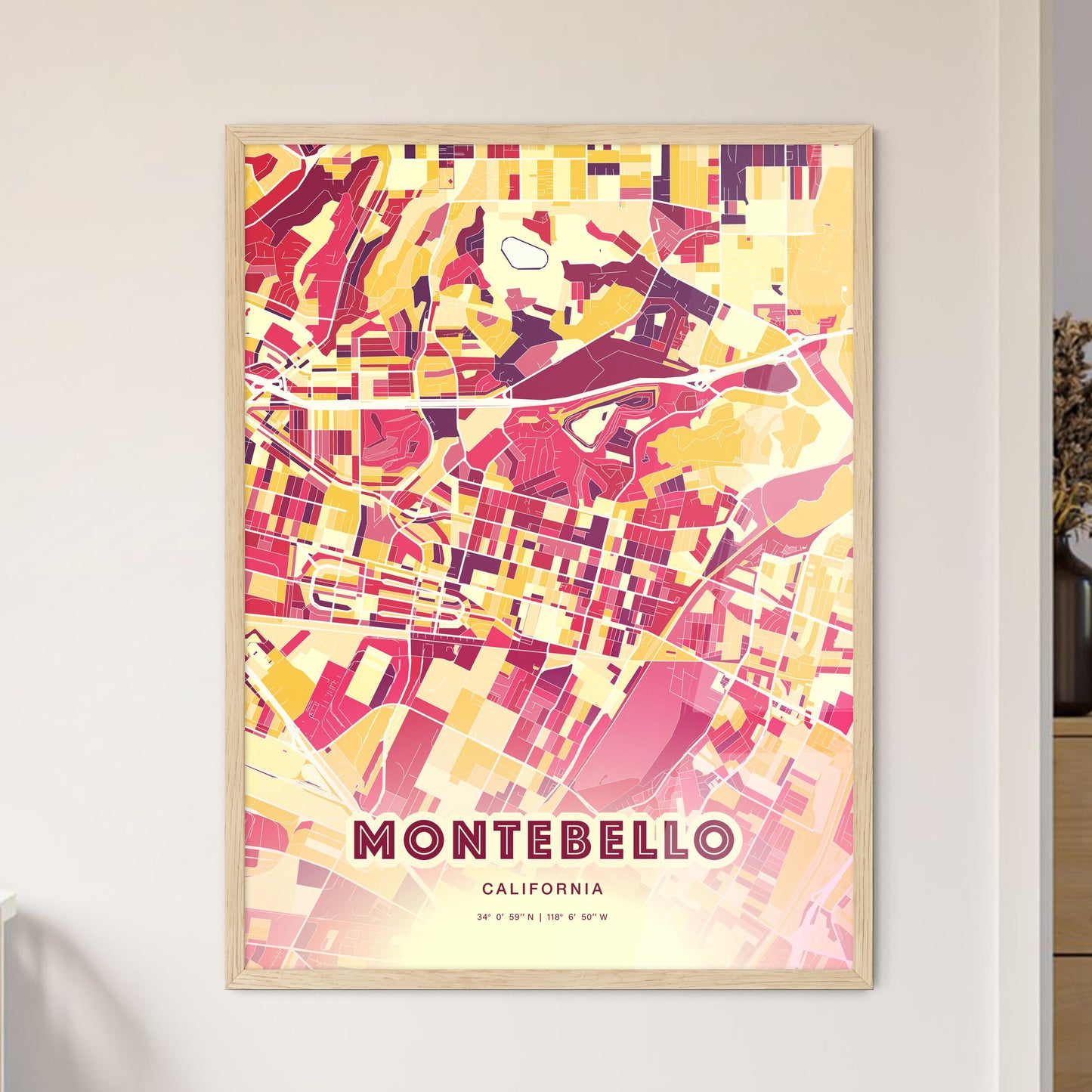 Colorful Montebello California Fine Art Map Hot Red