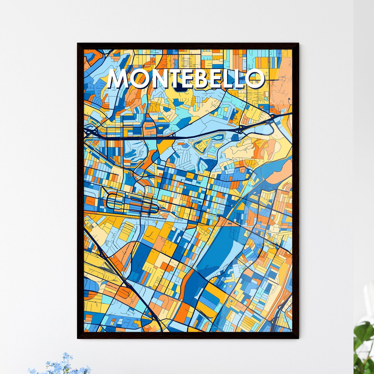 MONTEBELLO CALIFORNIA Vibrant Colorful Art Map Poster Blue Orange