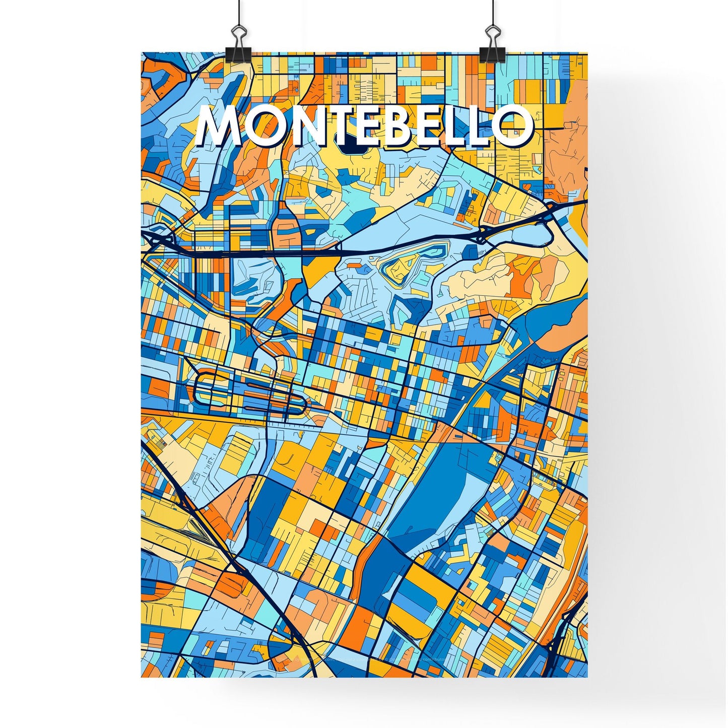 MONTEBELLO CALIFORNIA Vibrant Colorful Art Map Poster Blue Orange