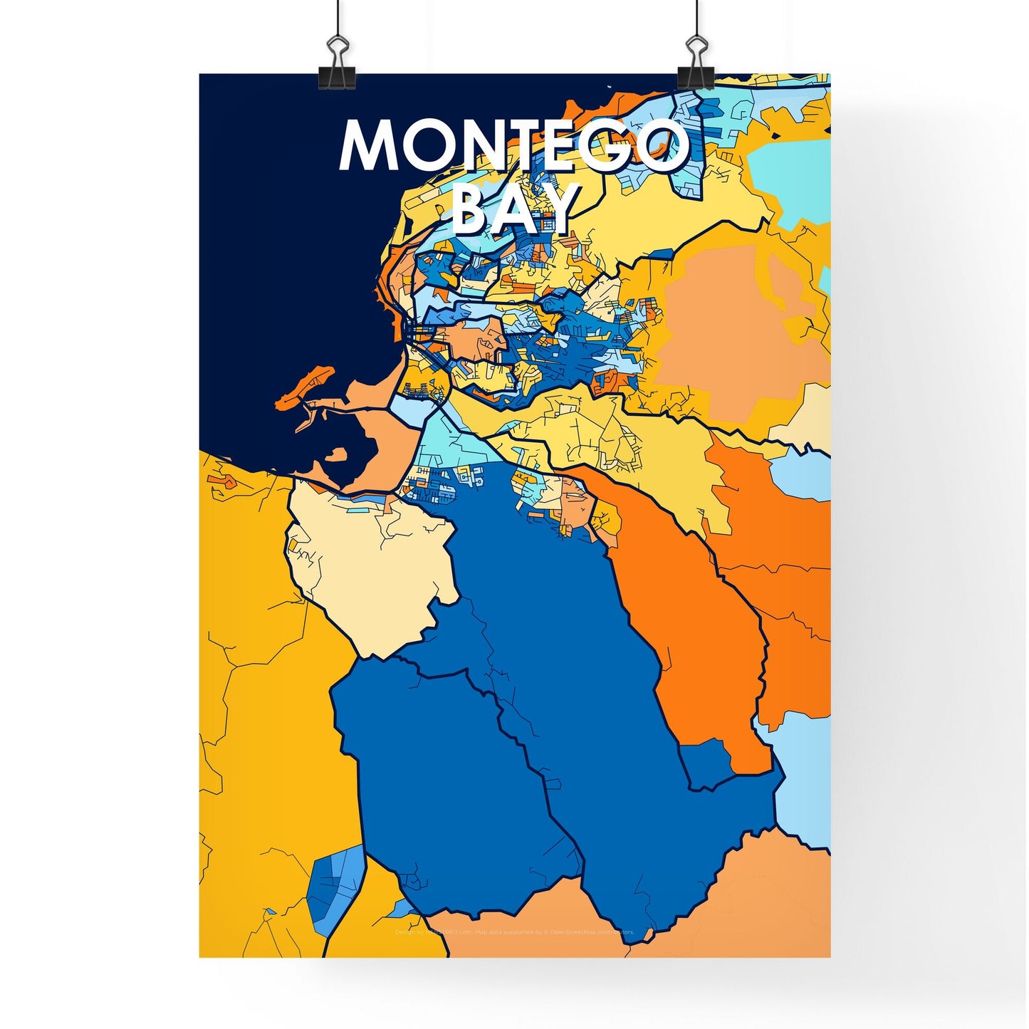 MONTEGO BAY JAMAICA Vibrant Colorful Art Map Poster Blue Orange