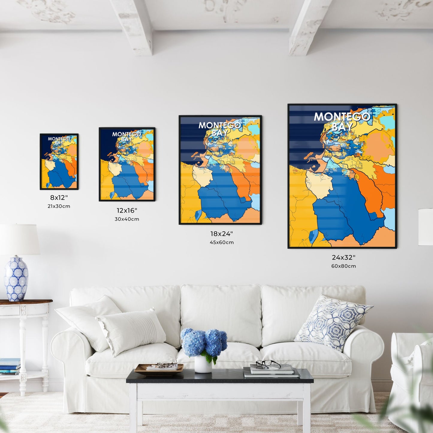 MONTEGO BAY JAMAICA Vibrant Colorful Art Map Poster Blue Orange