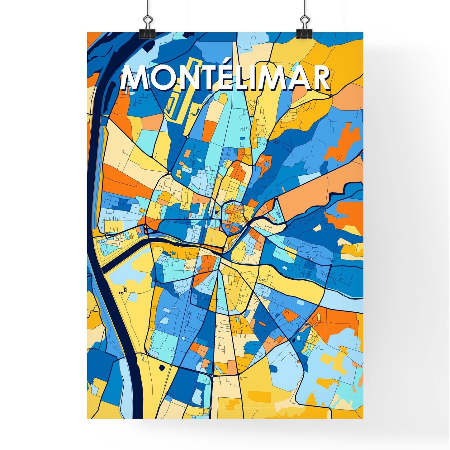 MONTÉLIMAR FRANCE Vibrant Colorful Art Map Poster Blue Orange