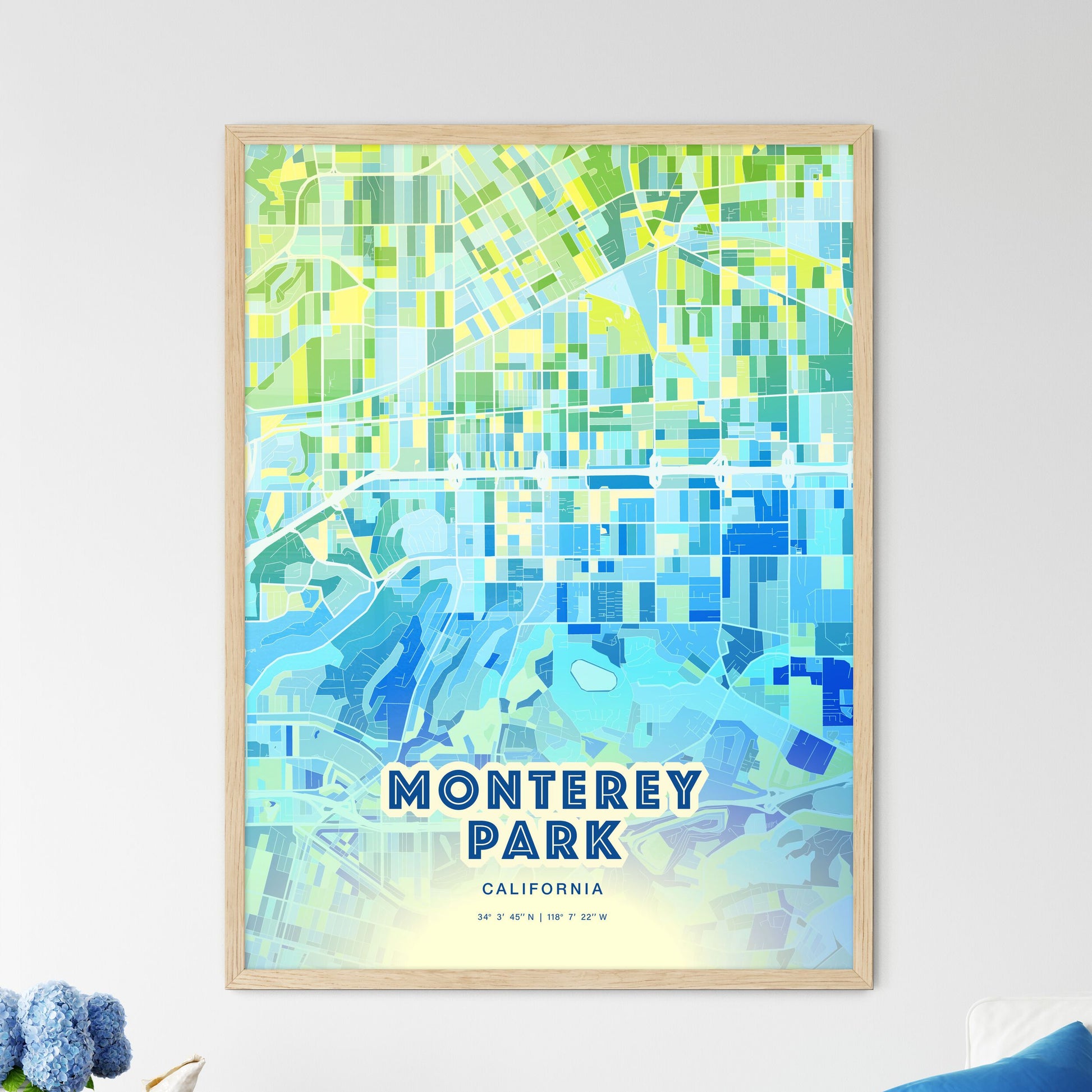 Colorful Monterey Park California Fine Art Map Cool Blue