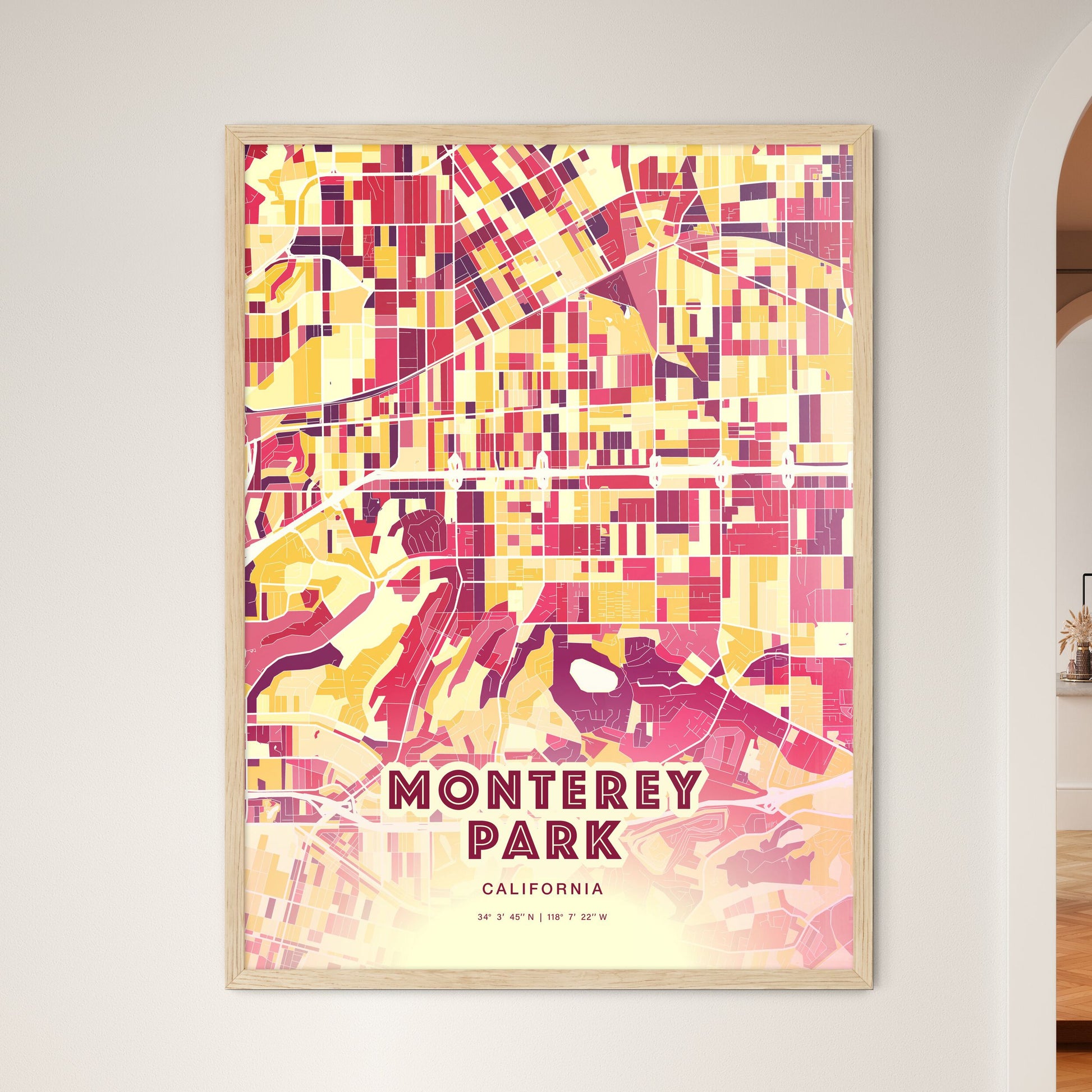 Colorful Monterey Park California Fine Art Map Hot Red