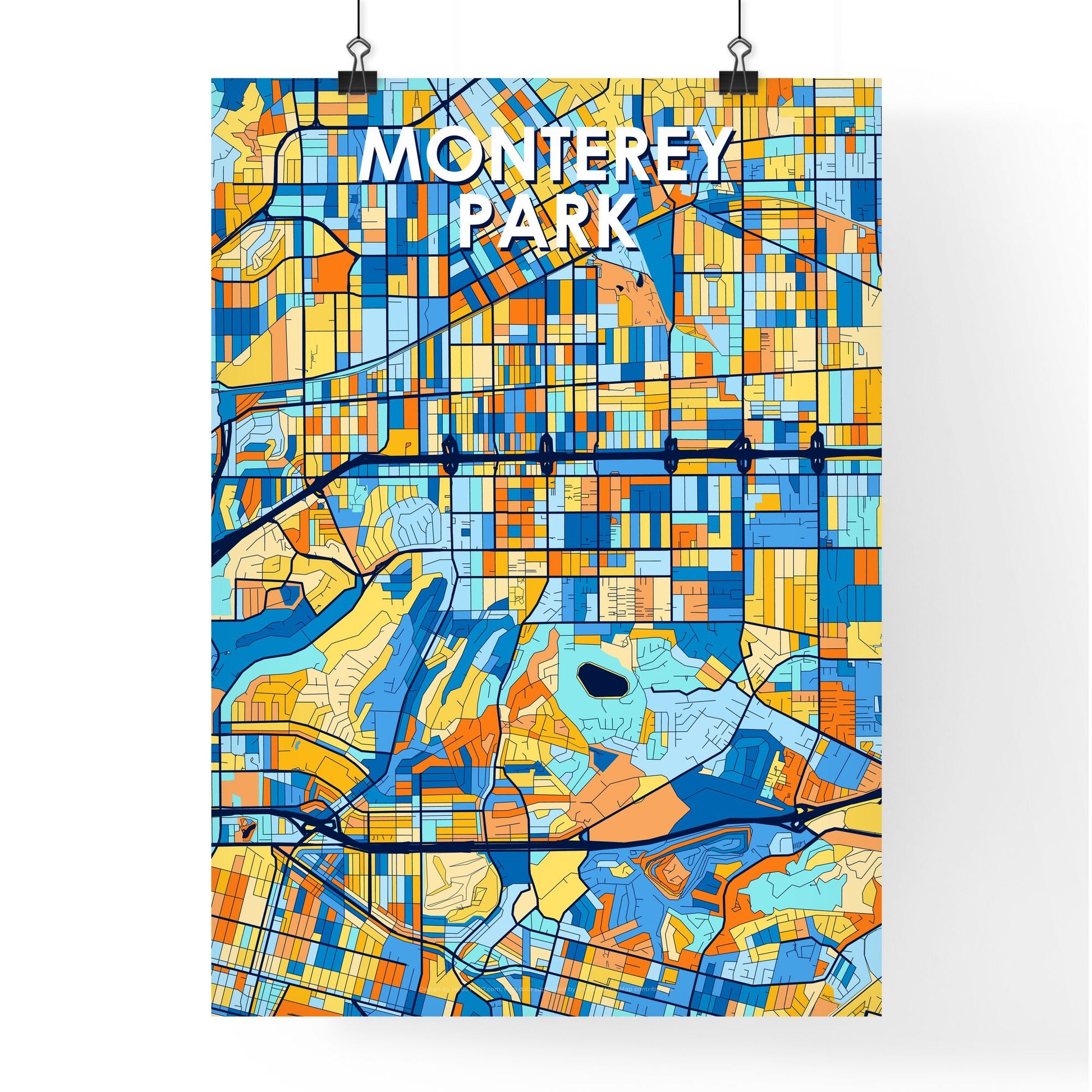 MONTEREY PARK CALIFORNIA Vibrant Colorful Art Map Poster Blue Orange