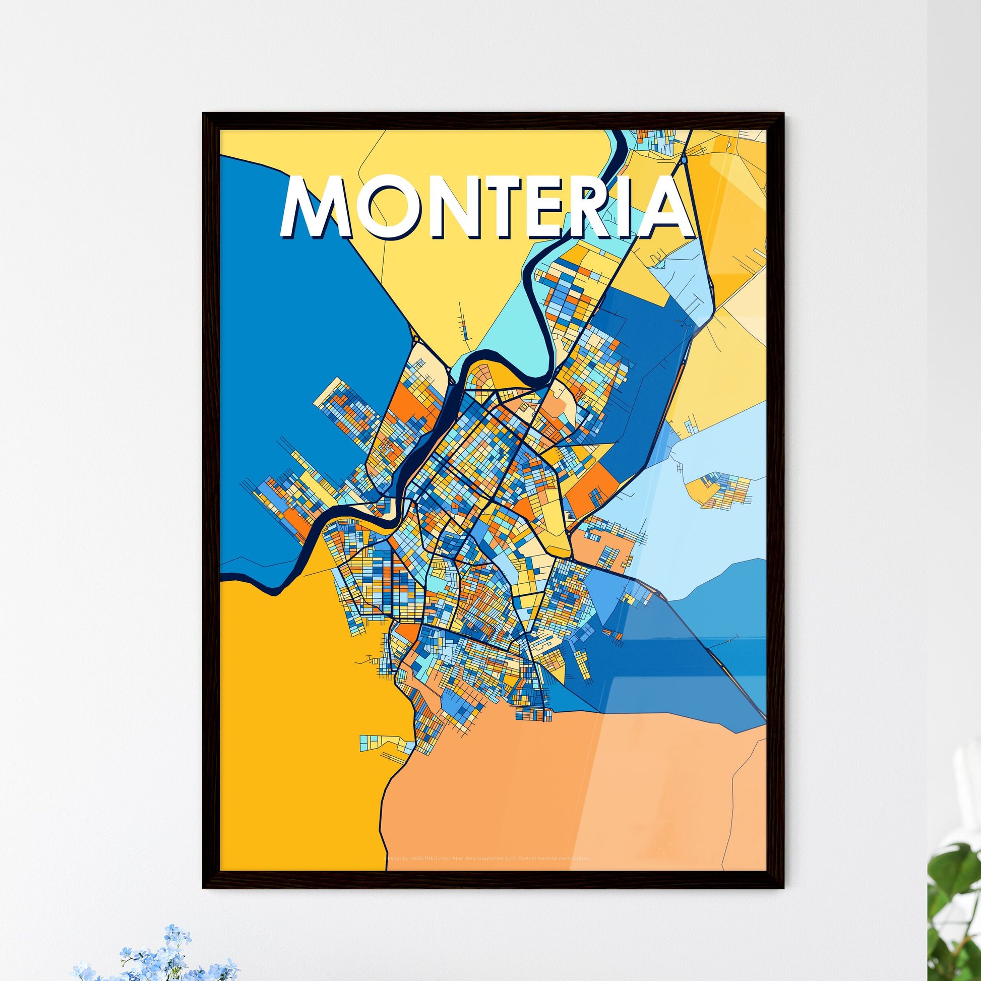 MONTERIA COLOMBIA Vibrant Colorful Art Map Poster Blue Orange