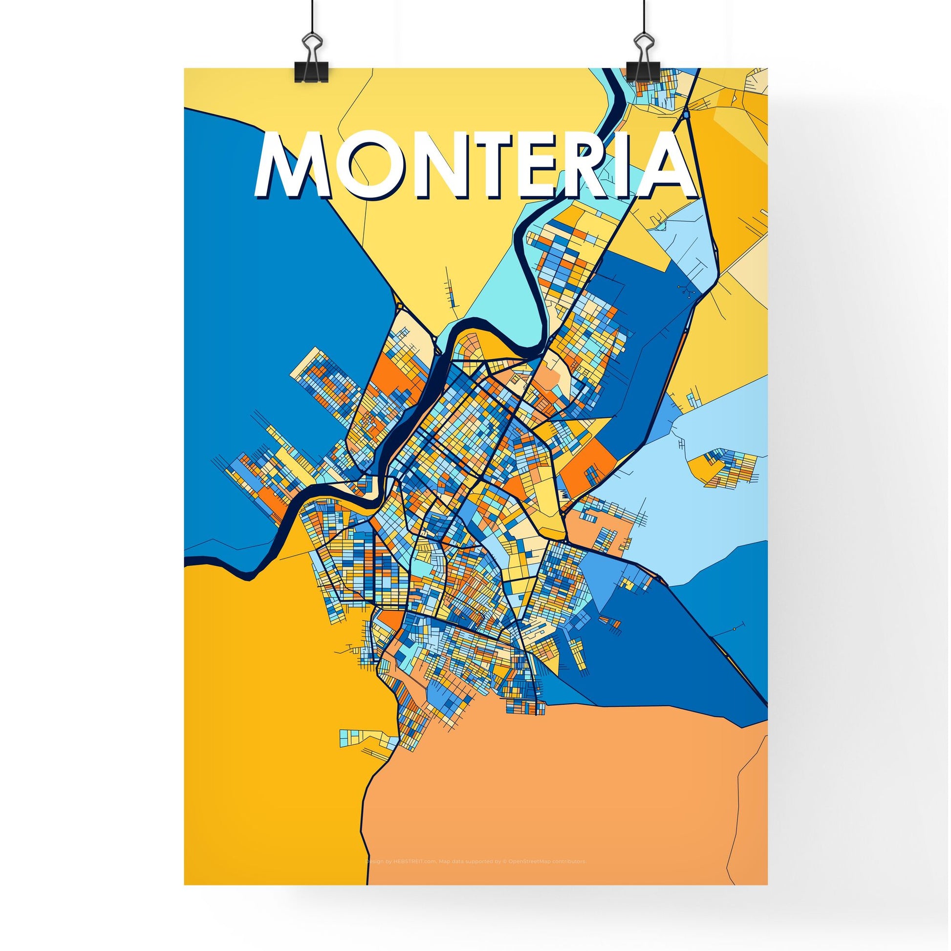 MONTERIA COLOMBIA Vibrant Colorful Art Map Poster Blue Orange