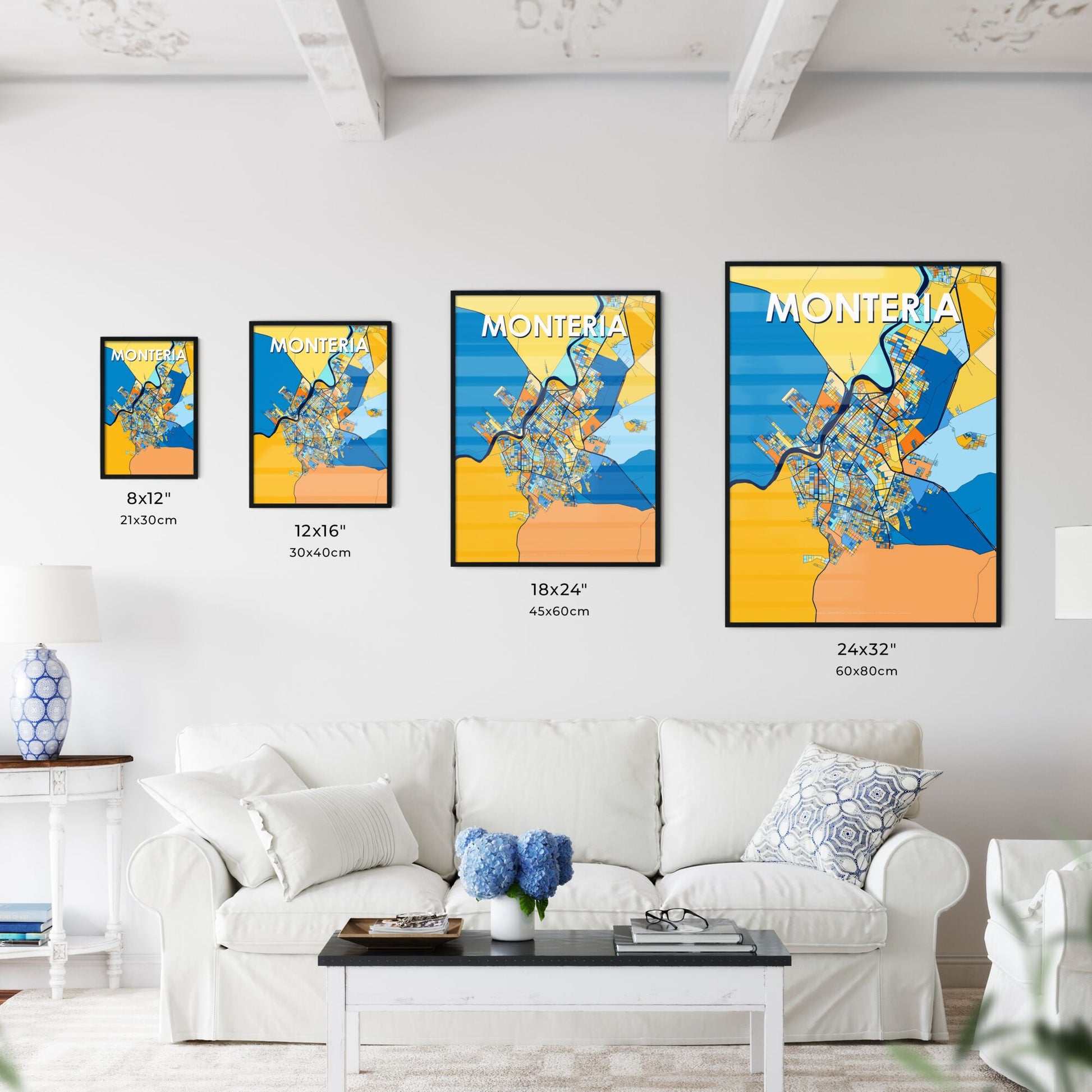 MONTERIA COLOMBIA Vibrant Colorful Art Map Poster Blue Orange