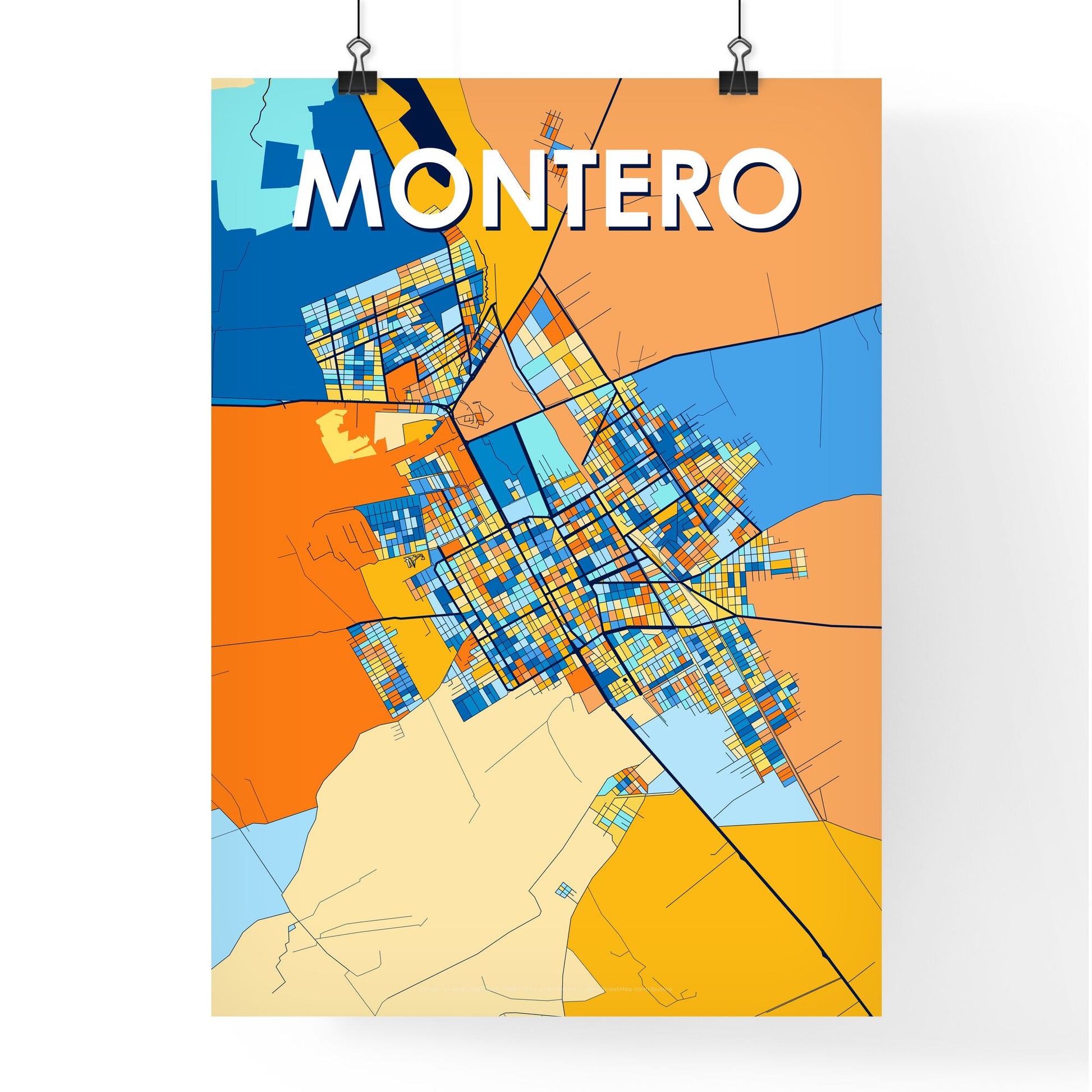 MONTERO BOLIVIA Vibrant Colorful Art Map Poster Blue Orange