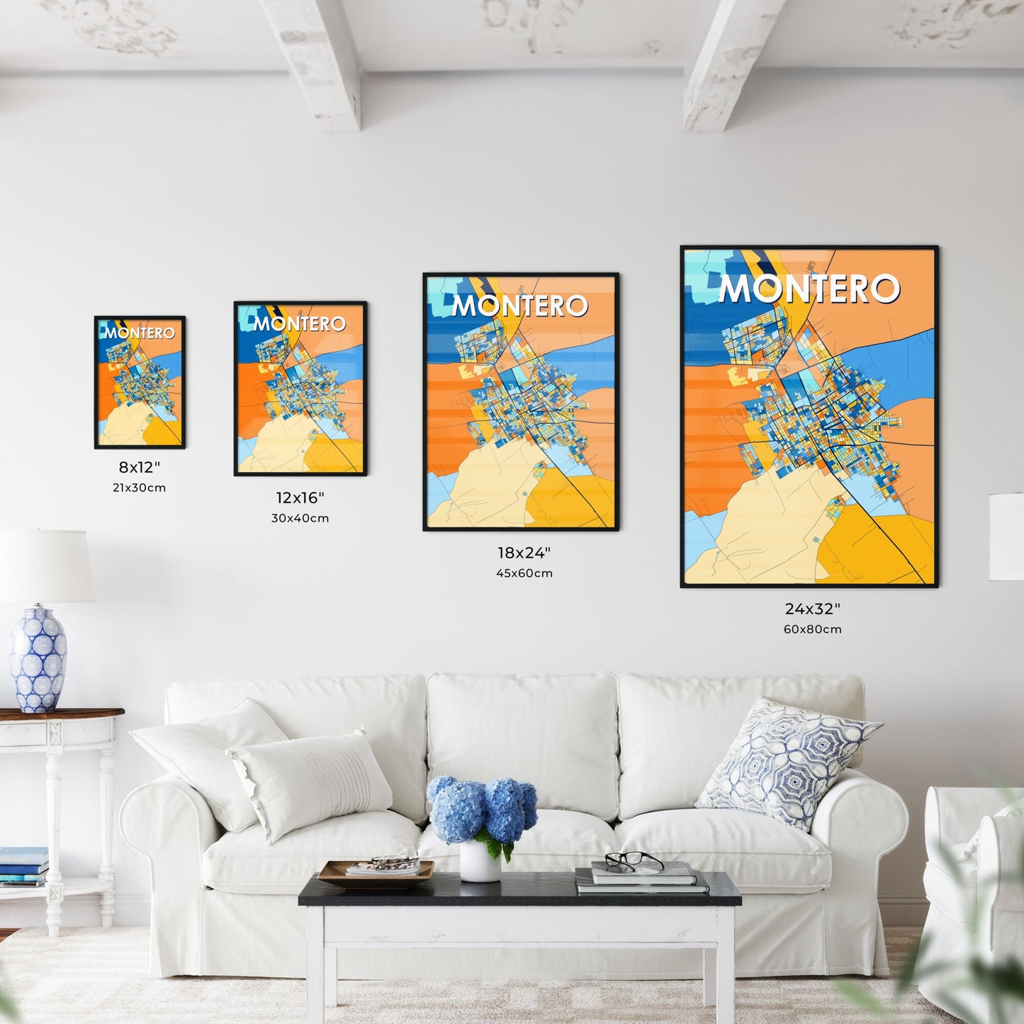 MONTERO BOLIVIA Vibrant Colorful Art Map Poster Blue Orange