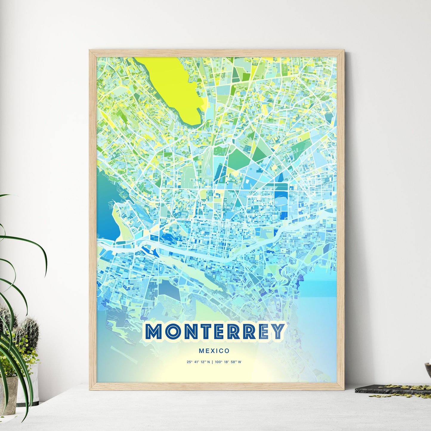 Colorful Monterrey Mexico Fine Art Map Cool Blue