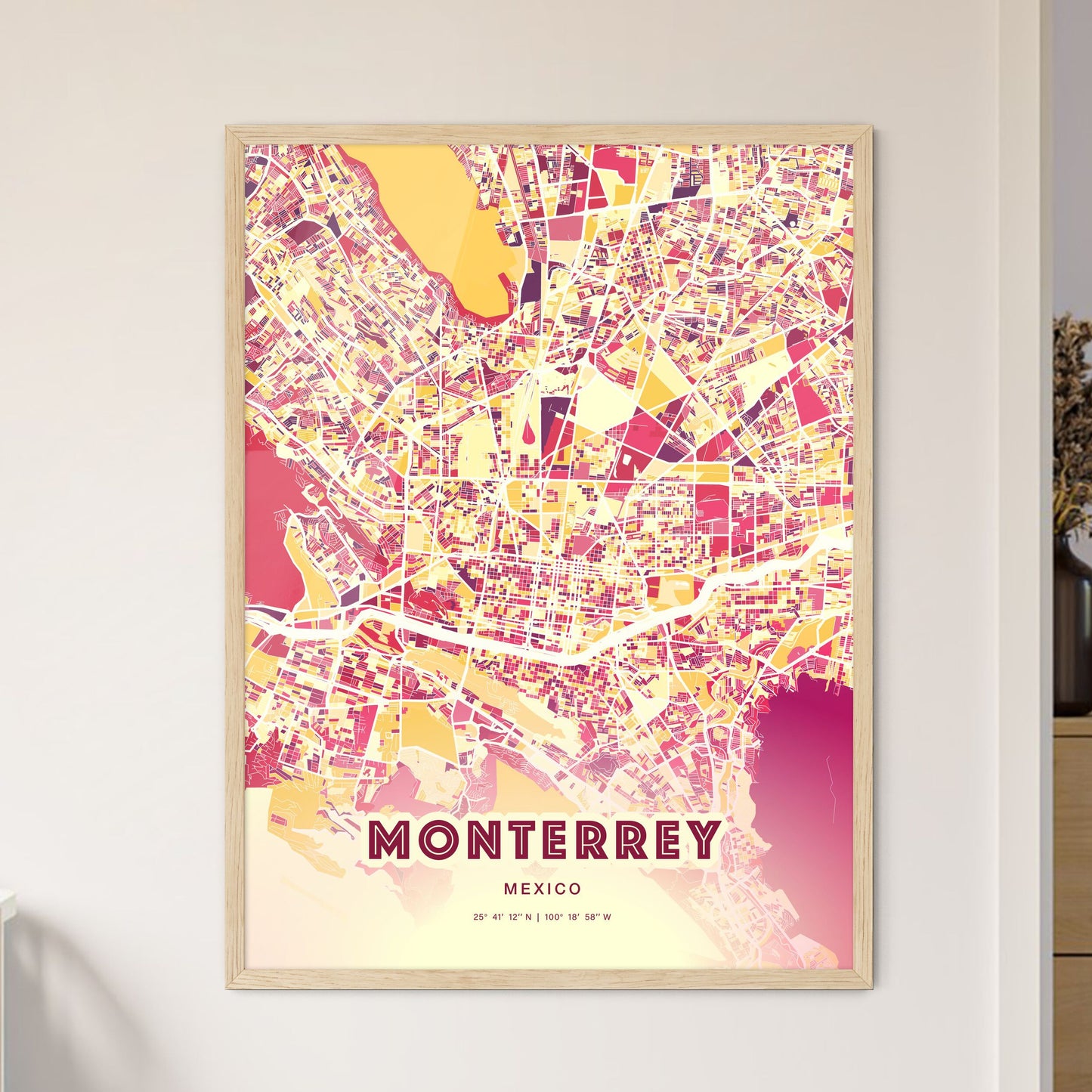 Colorful Monterrey Mexico Fine Art Map Hot Red
