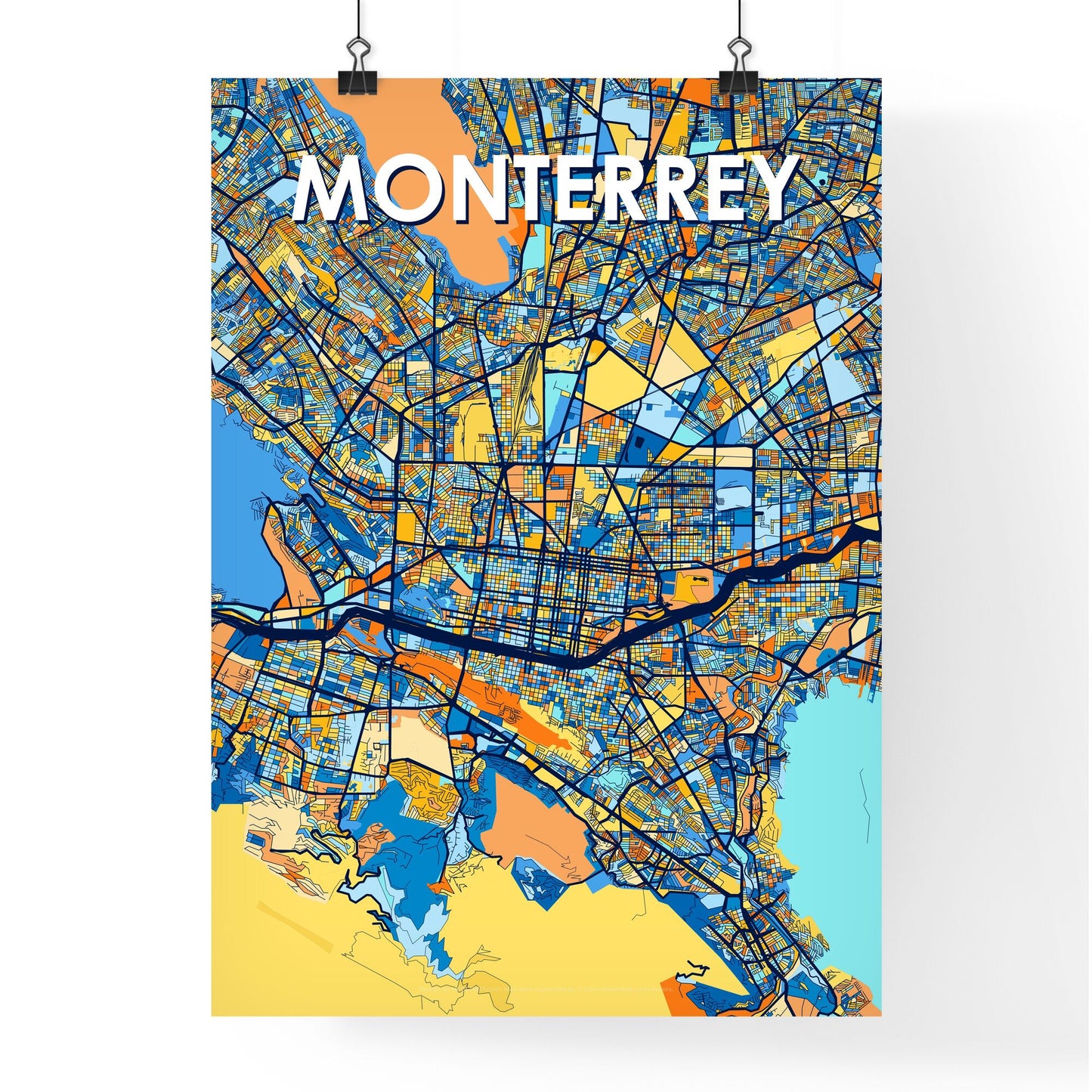 MONTERREY MEXICO Vibrant Colorful Art Map Poster Blue Orange