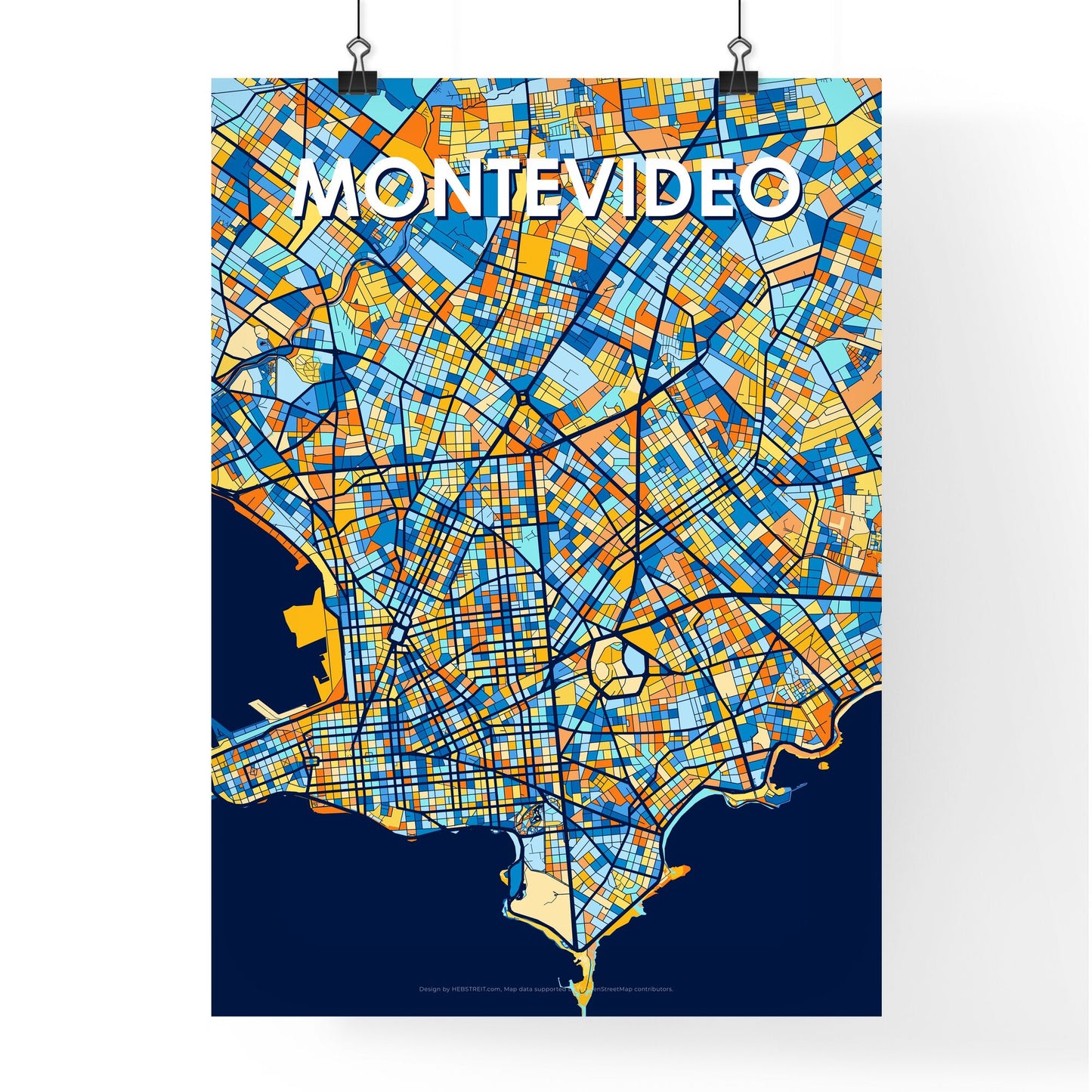 MONTEVIDEO URUGUAY Vibrant Colorful Art Map Poster Blue Orange