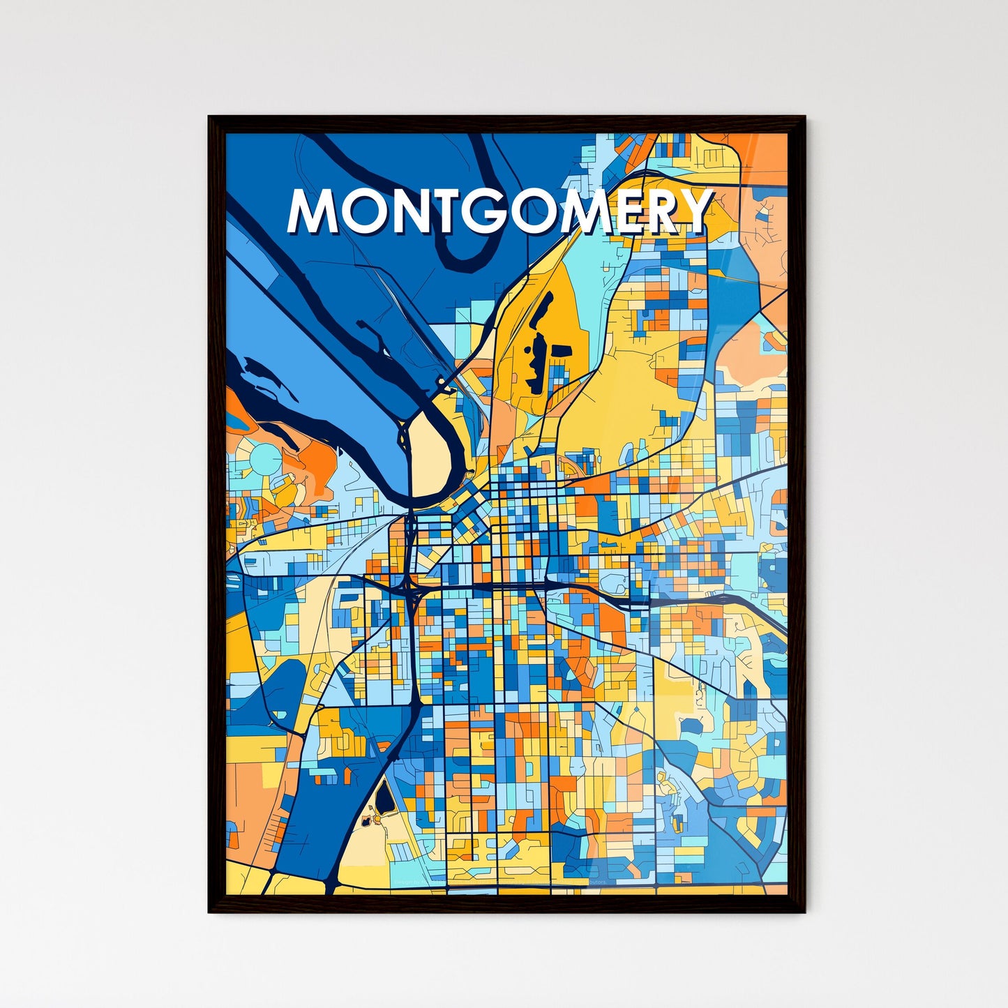 MONTGOMERY ALABAMA Vibrant Colorful Art Map Poster Blue Orange