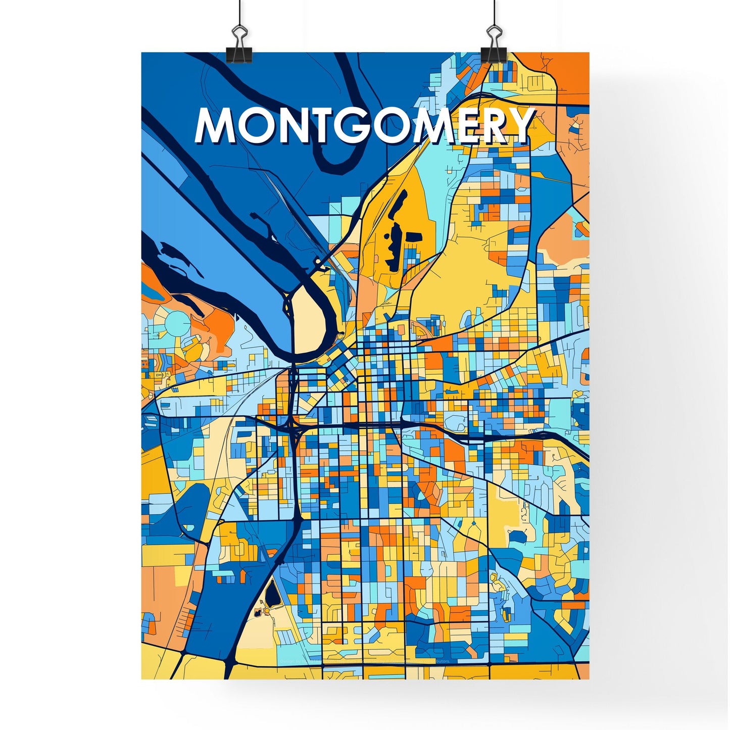 MONTGOMERY ALABAMA Vibrant Colorful Art Map Poster Blue Orange