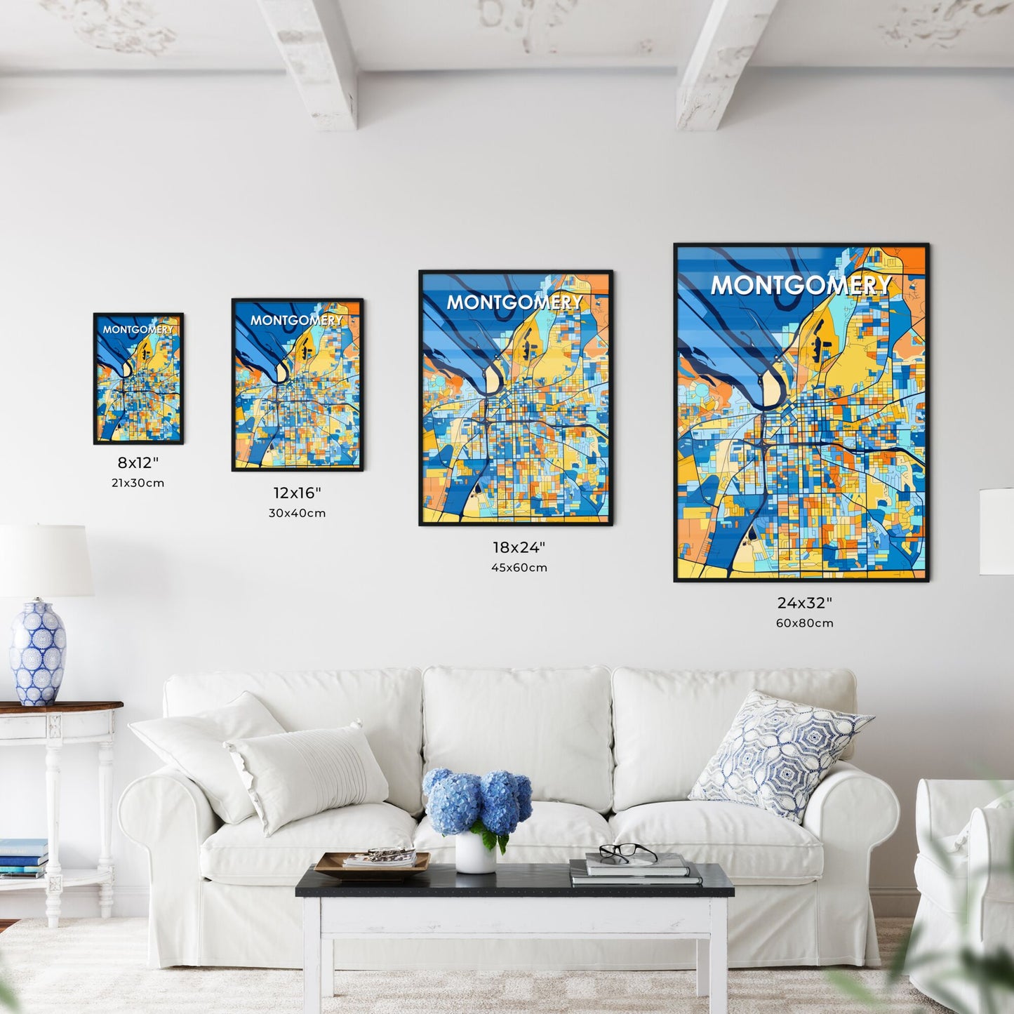 MONTGOMERY ALABAMA Vibrant Colorful Art Map Poster Blue Orange