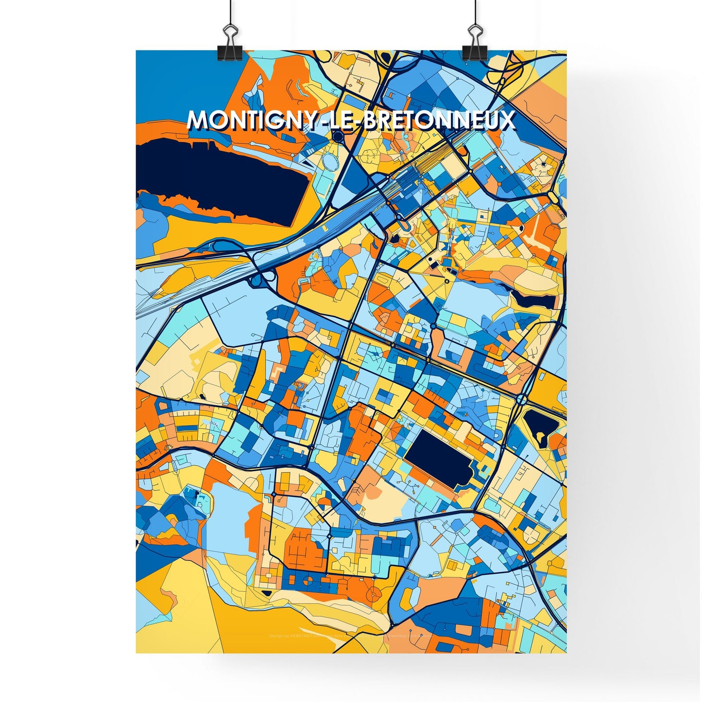 MONTIGNY-LE-BRETONNEUX FRANCE Vibrant Colorful Art Map Poster Blue Orange