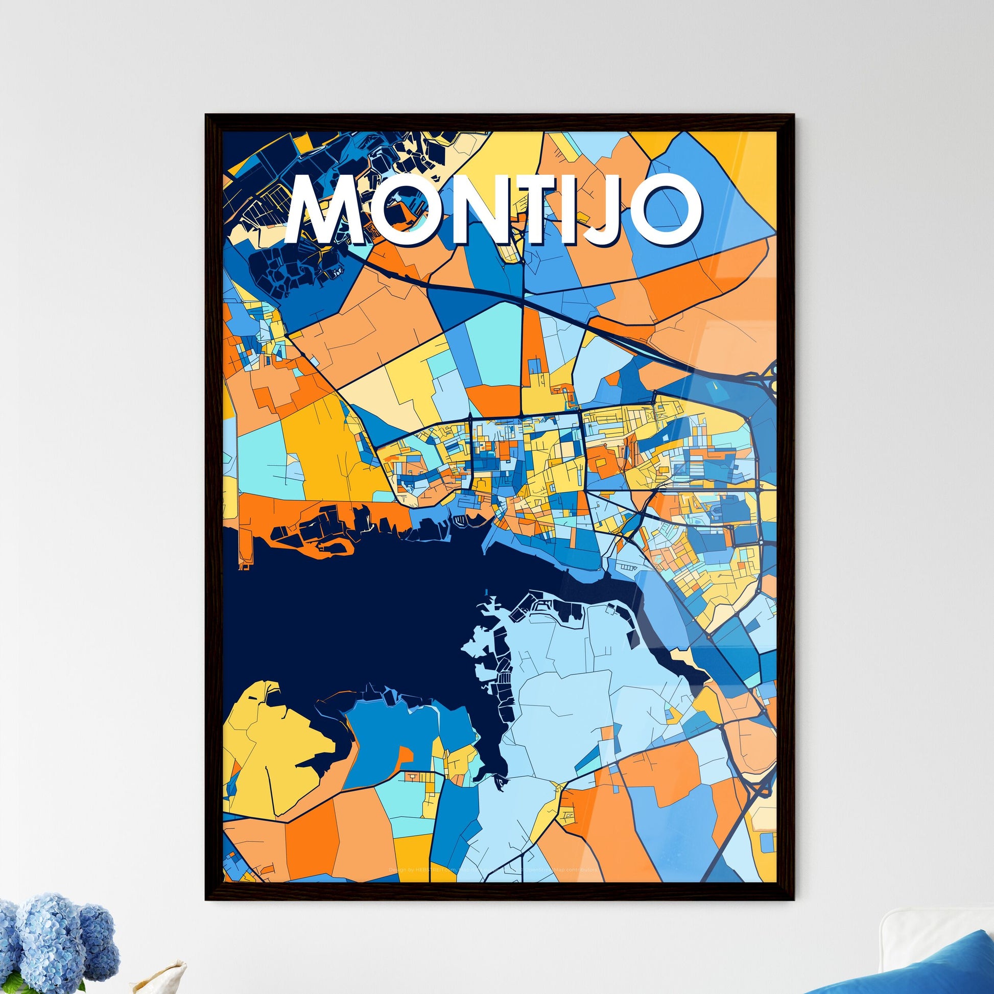 MONTIJO PORTUGAL Vibrant Colorful Art Map Poster Blue Orange