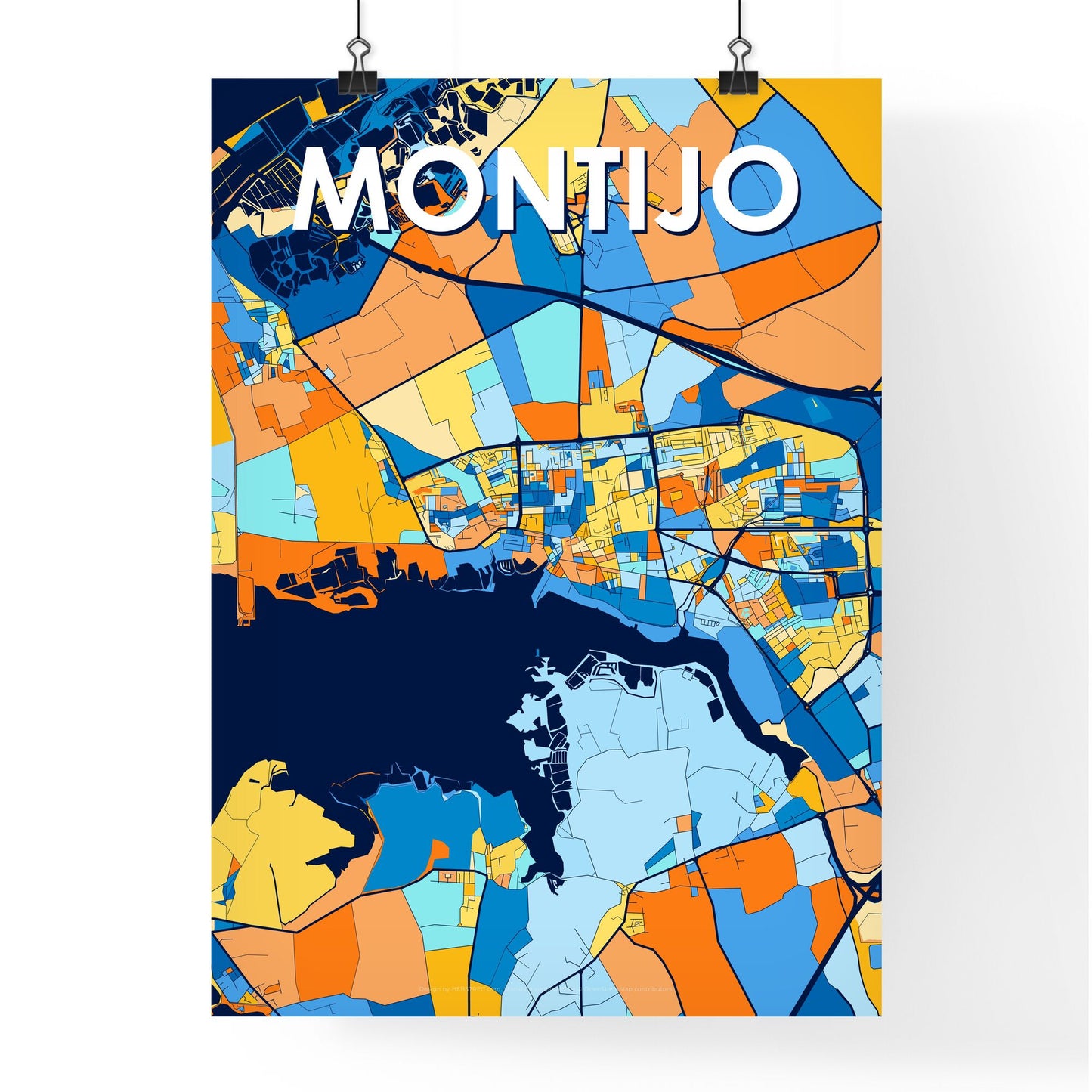 MONTIJO PORTUGAL Vibrant Colorful Art Map Poster Blue Orange