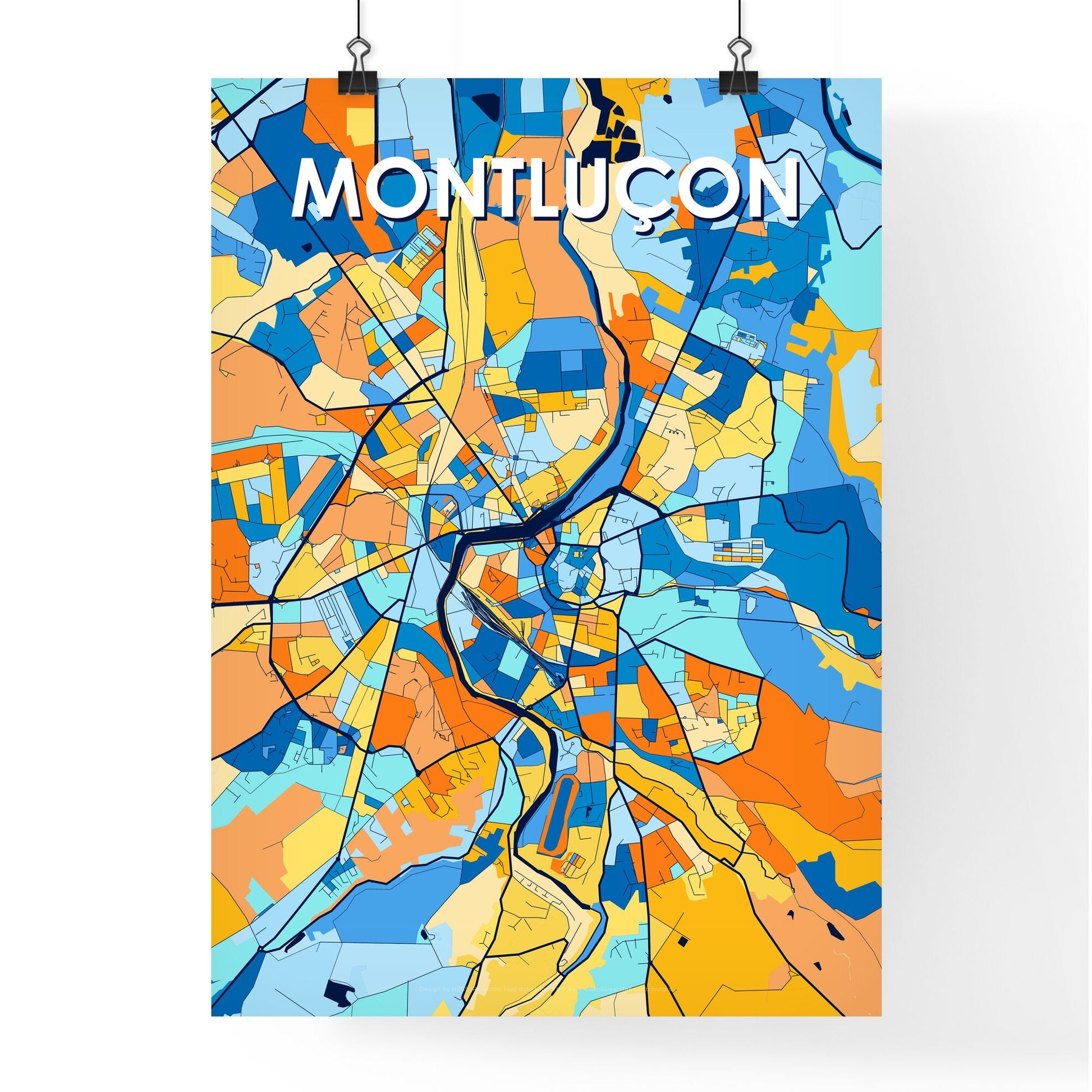 MONTLUÇON FRANCE Vibrant Colorful Art Map Poster Blue Orange