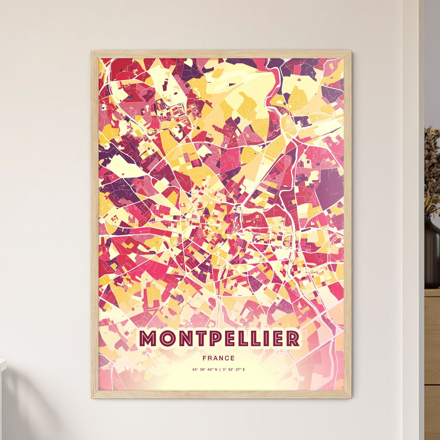 Colorful Montpellier France Fine Art Map Hot Red