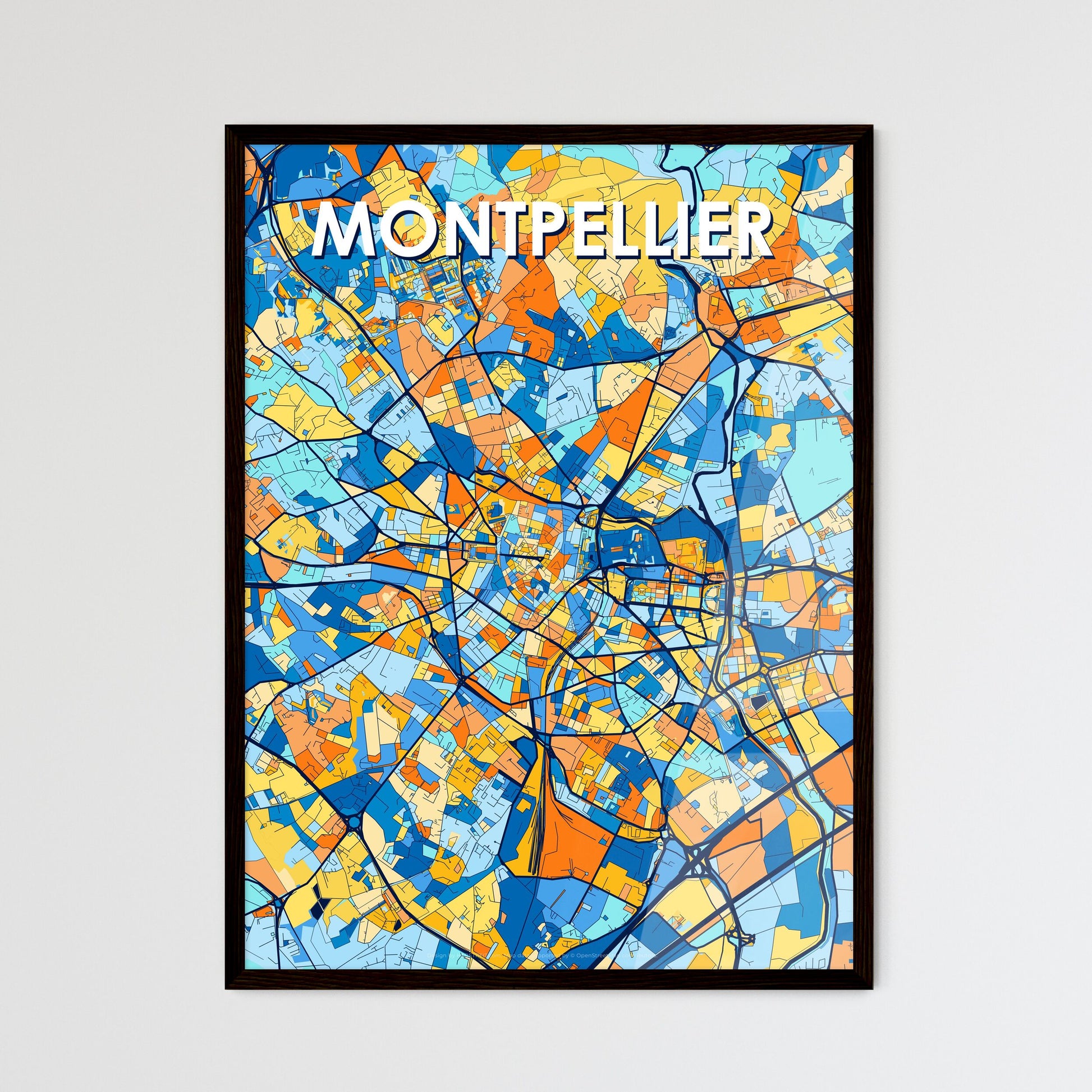 MONTPELLIER FRANCE Vibrant Colorful Art Map Poster Blue Orange