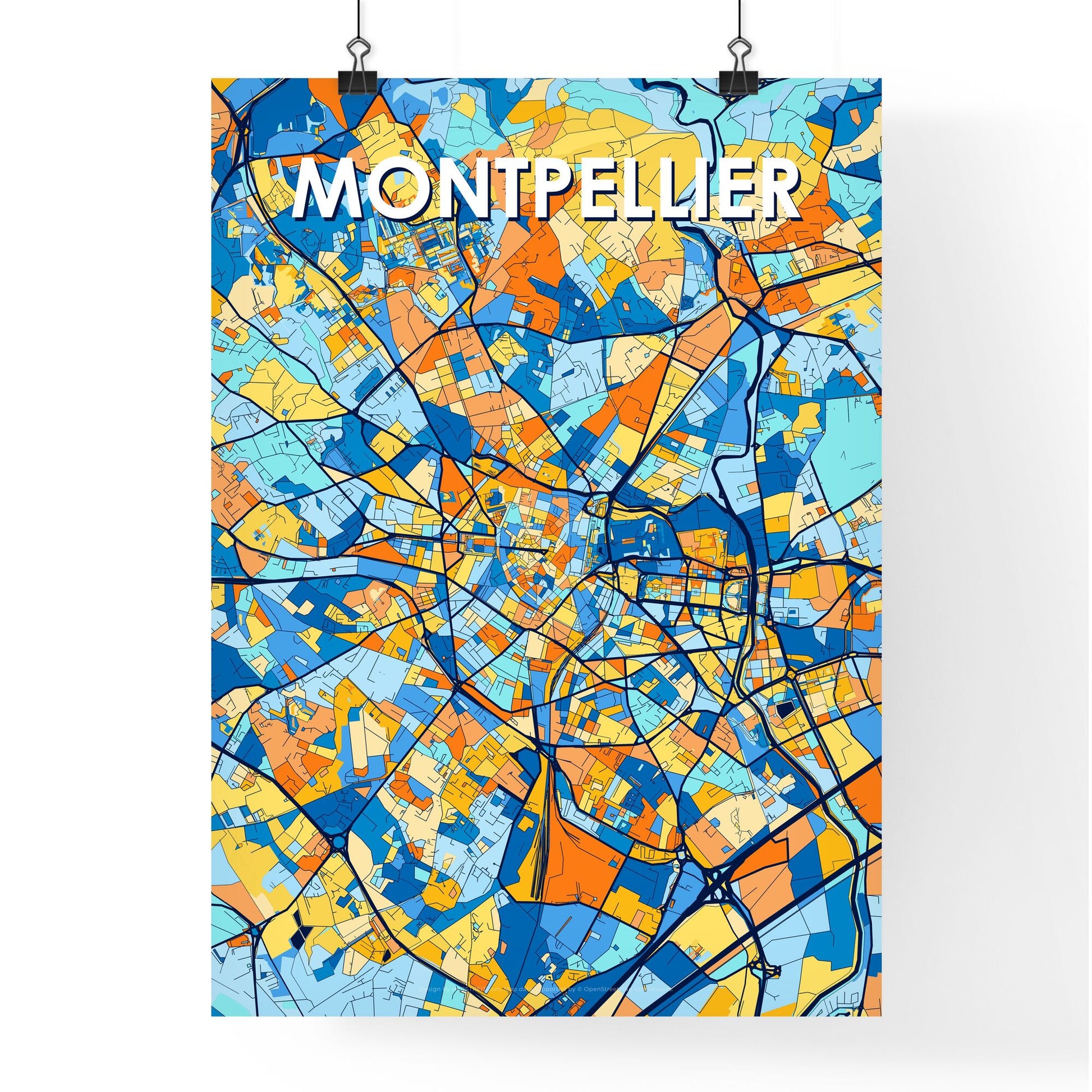 MONTPELLIER FRANCE Vibrant Colorful Art Map Poster Blue Orange