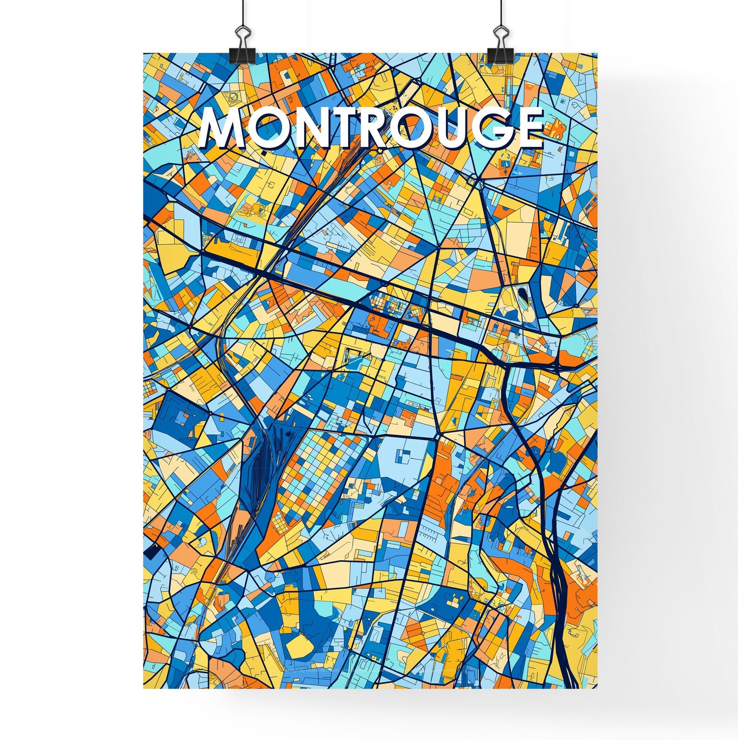 MONTROUGE FRANCE Vibrant Colorful Art Map Poster Blue Orange