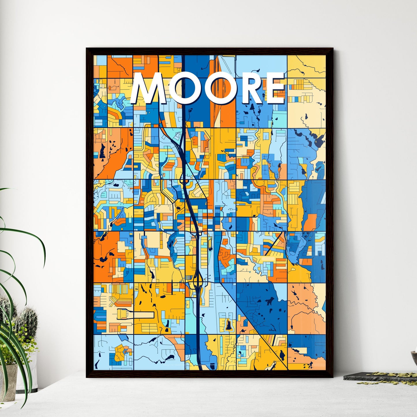 MOORE OKLAHOMA Vibrant Colorful Art Map Poster Blue Orange