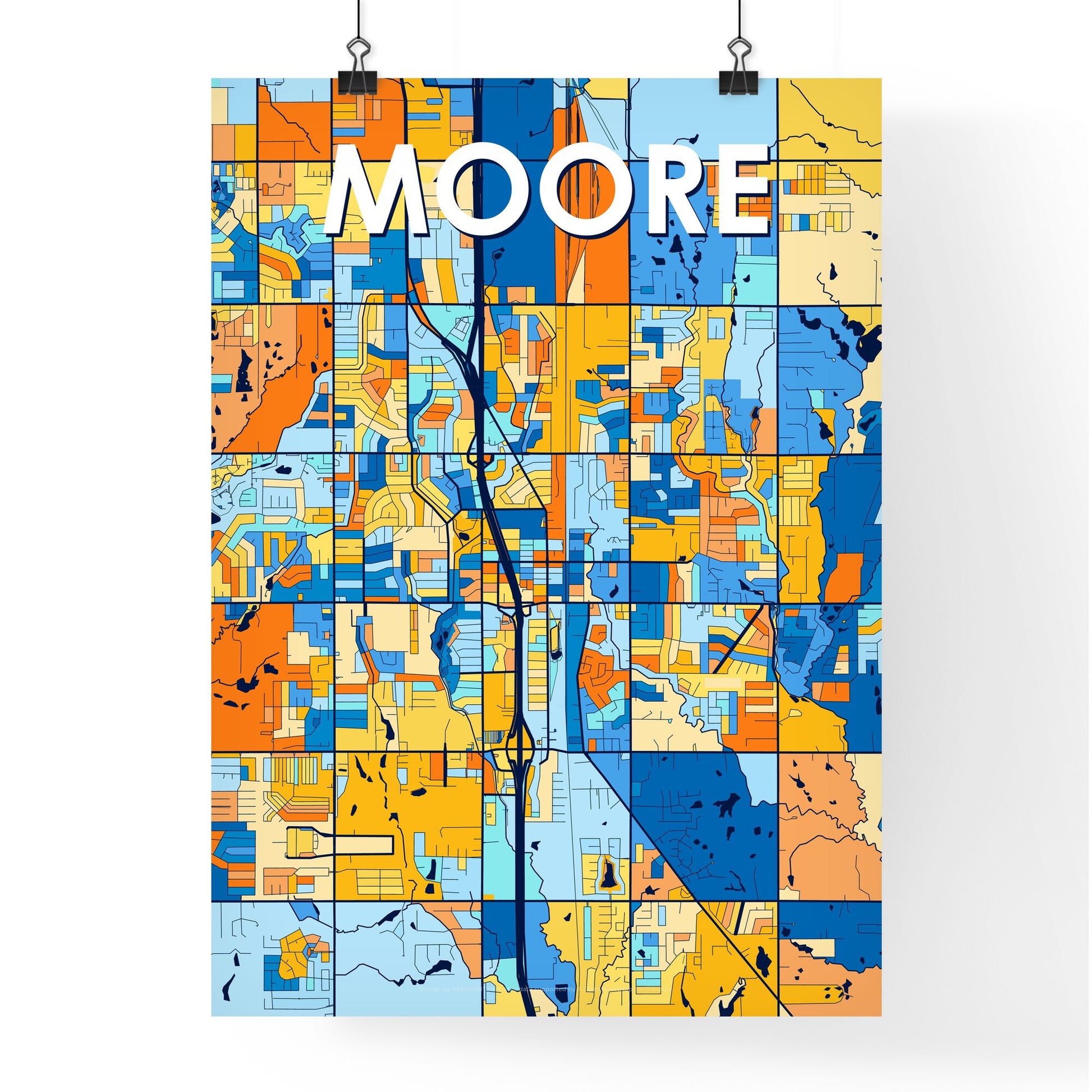 MOORE OKLAHOMA Vibrant Colorful Art Map Poster Blue Orange