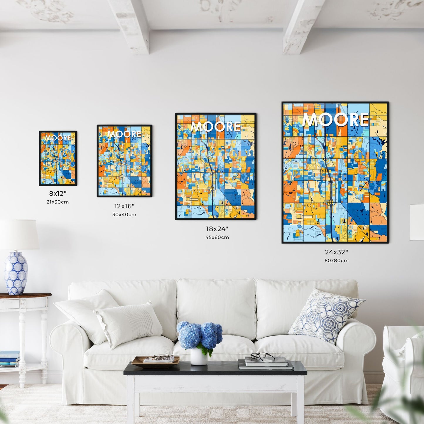 MOORE OKLAHOMA Vibrant Colorful Art Map Poster Blue Orange