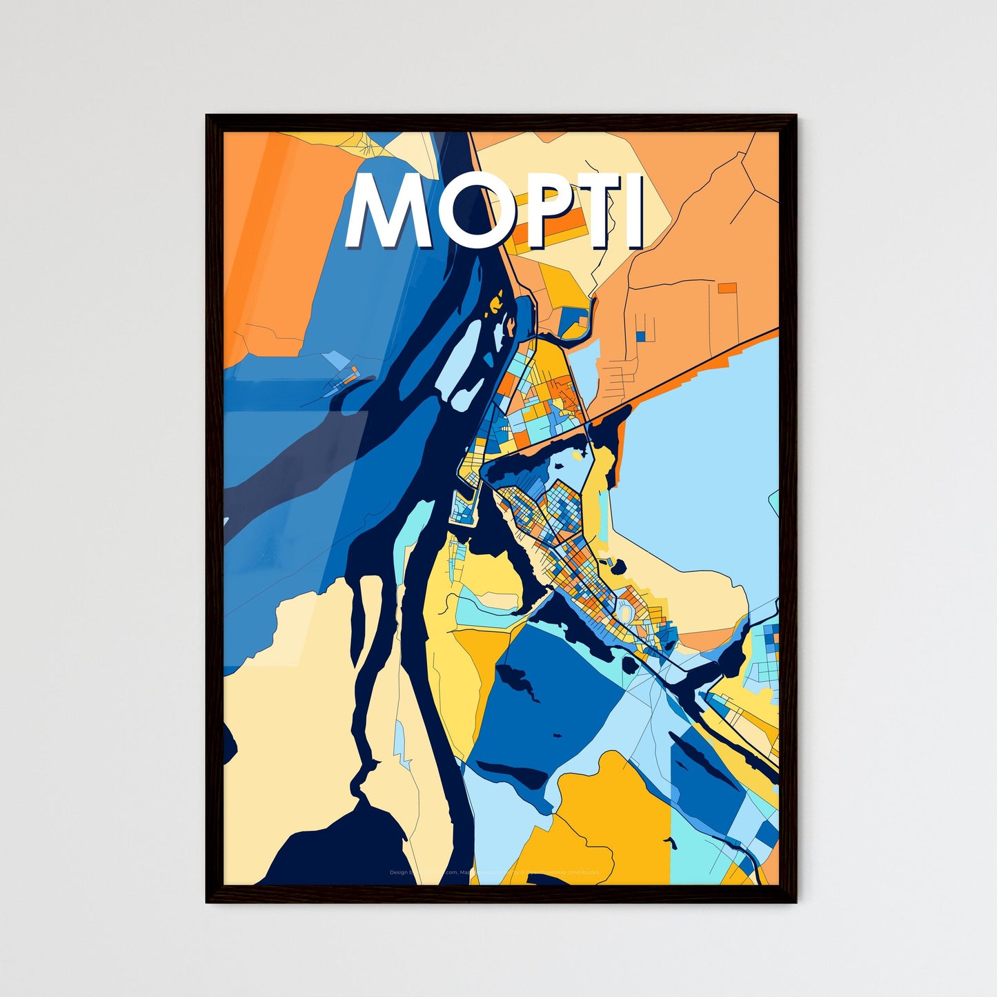 MOPTI MALI Vibrant Colorful Art Map Poster Blue Orange