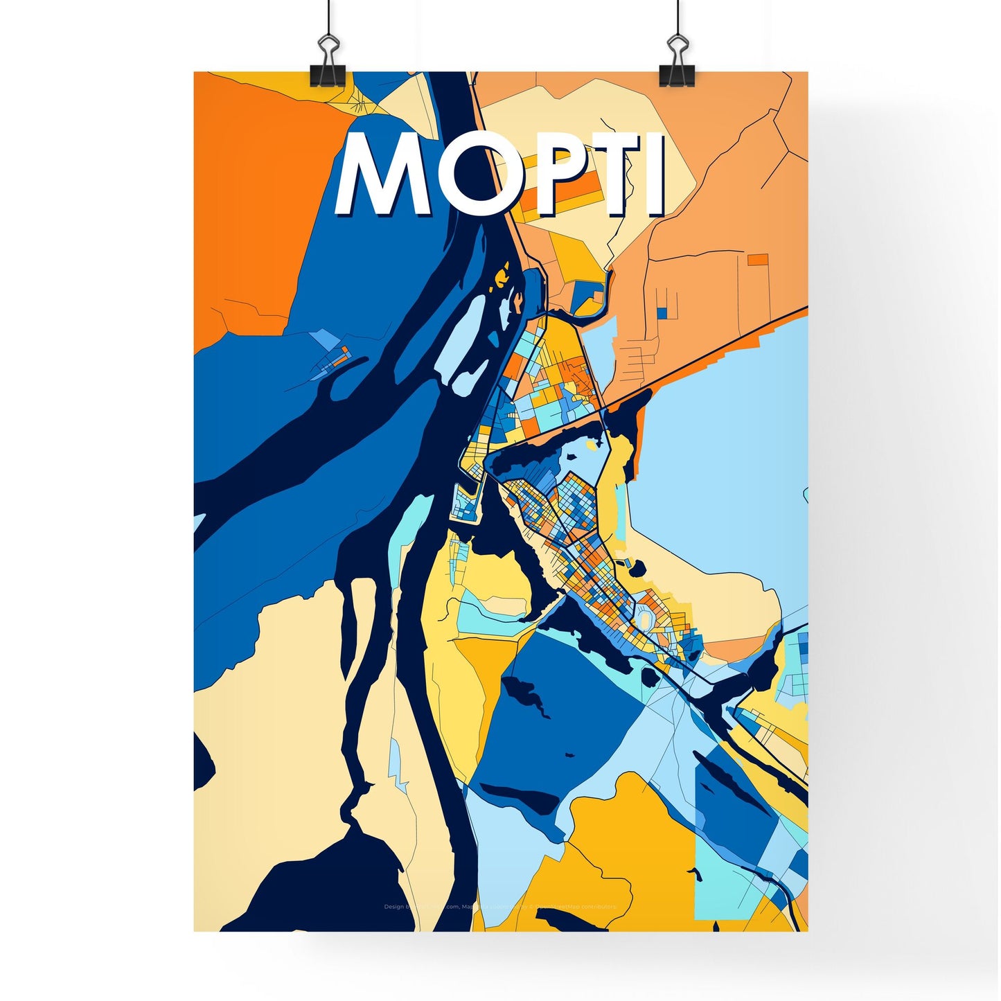 MOPTI MALI Vibrant Colorful Art Map Poster Blue Orange