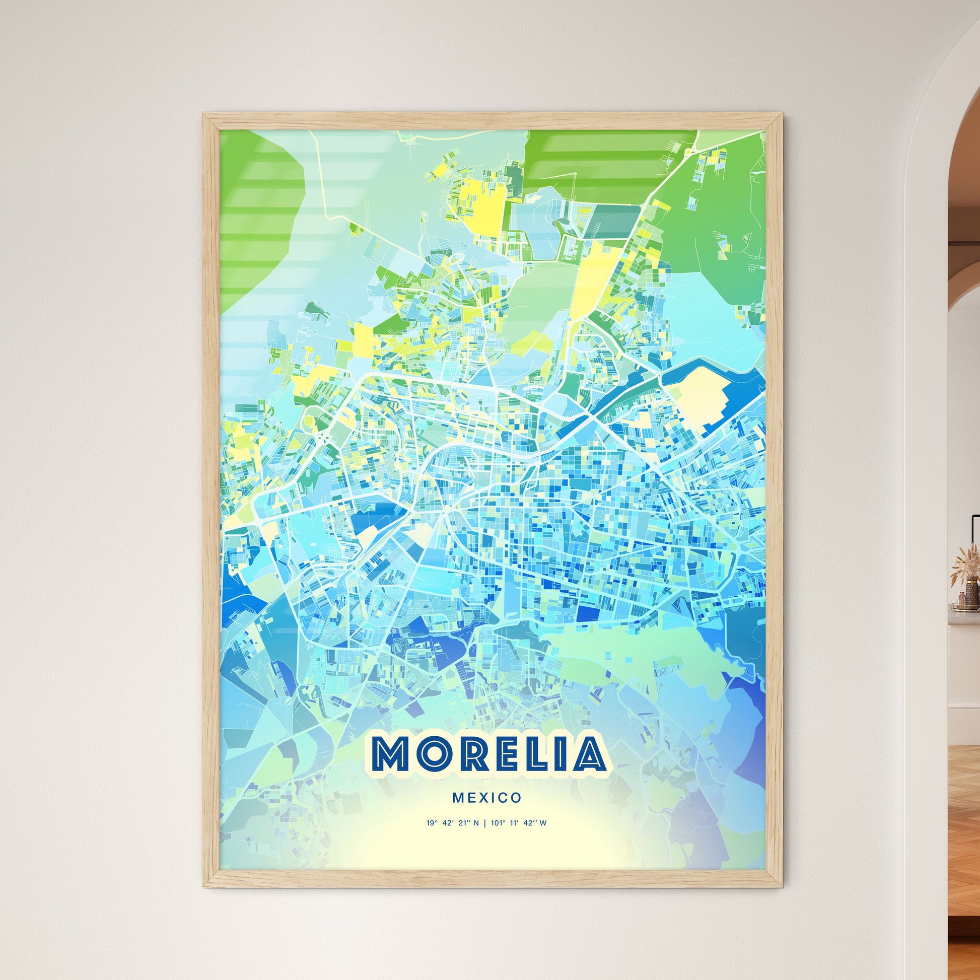 Colorful Morelia Mexico Fine Art Map Cool Blue