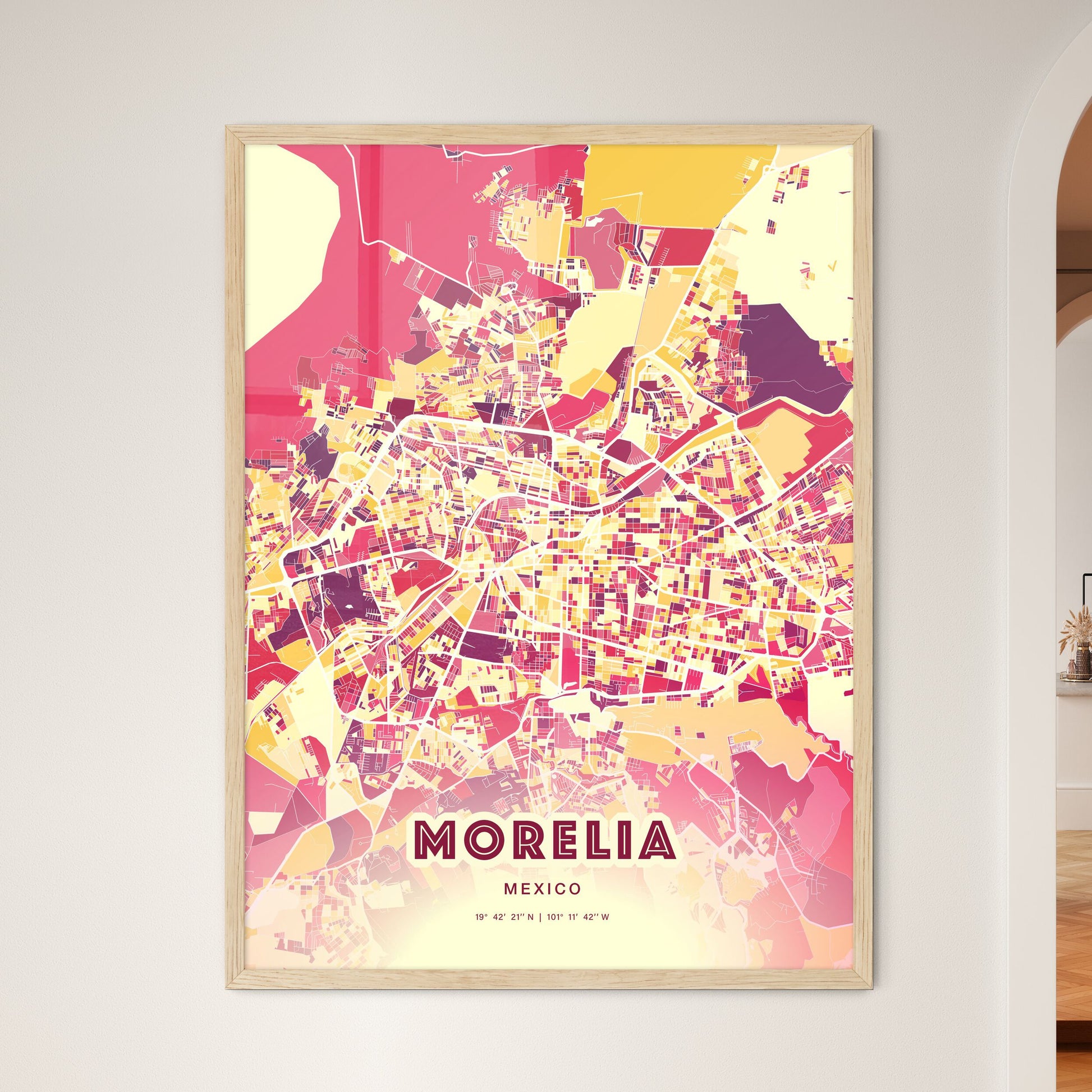 Colorful Morelia Mexico Fine Art Map Hot Red