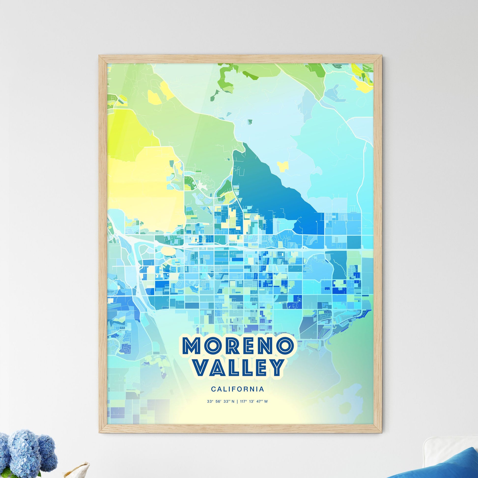 Colorful Moreno Valley California Fine Art Map Cool Blue