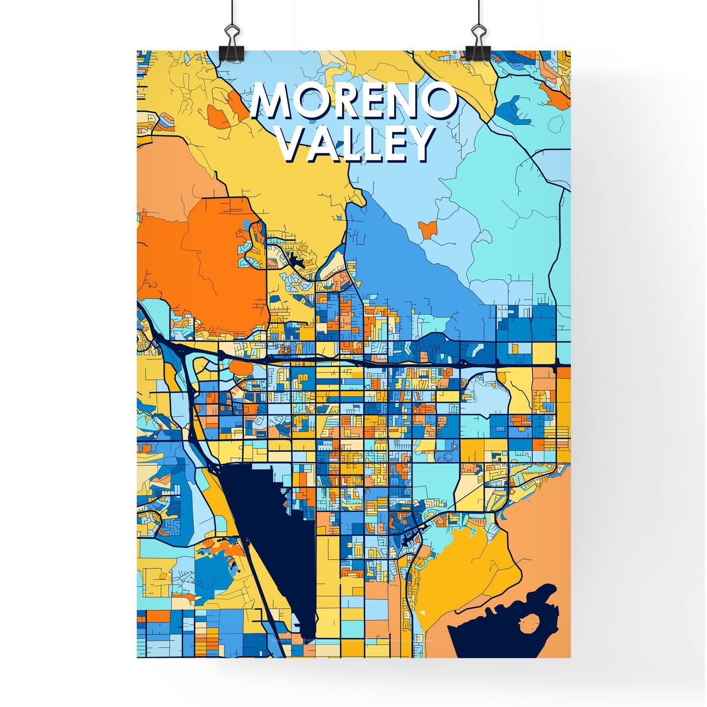 MORENO VALLEY CALIFORNIA Vibrant Colorful Art Map Poster Blue Orange